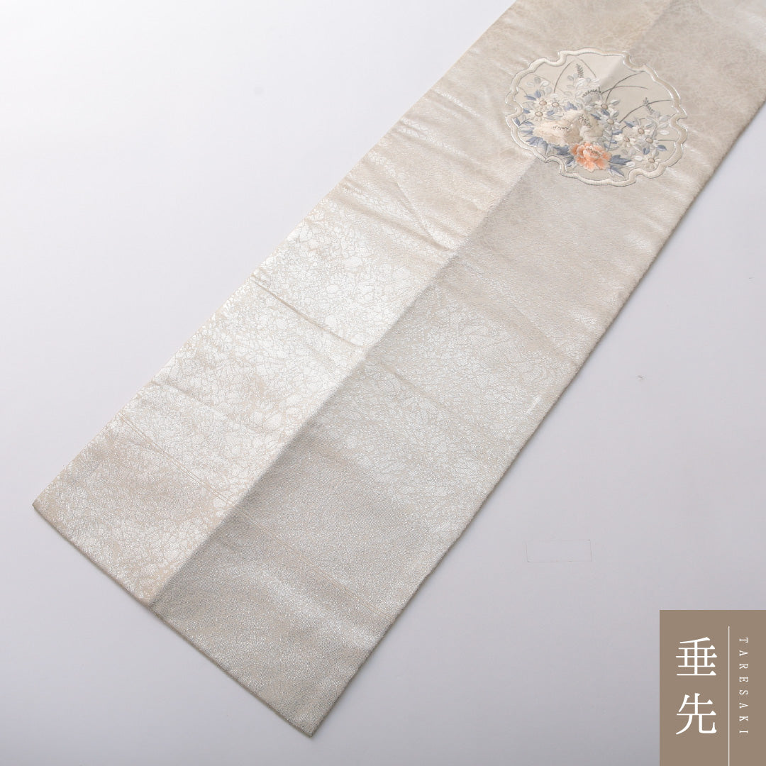九寸名古屋帯 帯丈358cm セミフォーマル 名古屋仕立て ポイント柄 Cランク 正絹 雪輪 牡丹 銀系 1224-03646