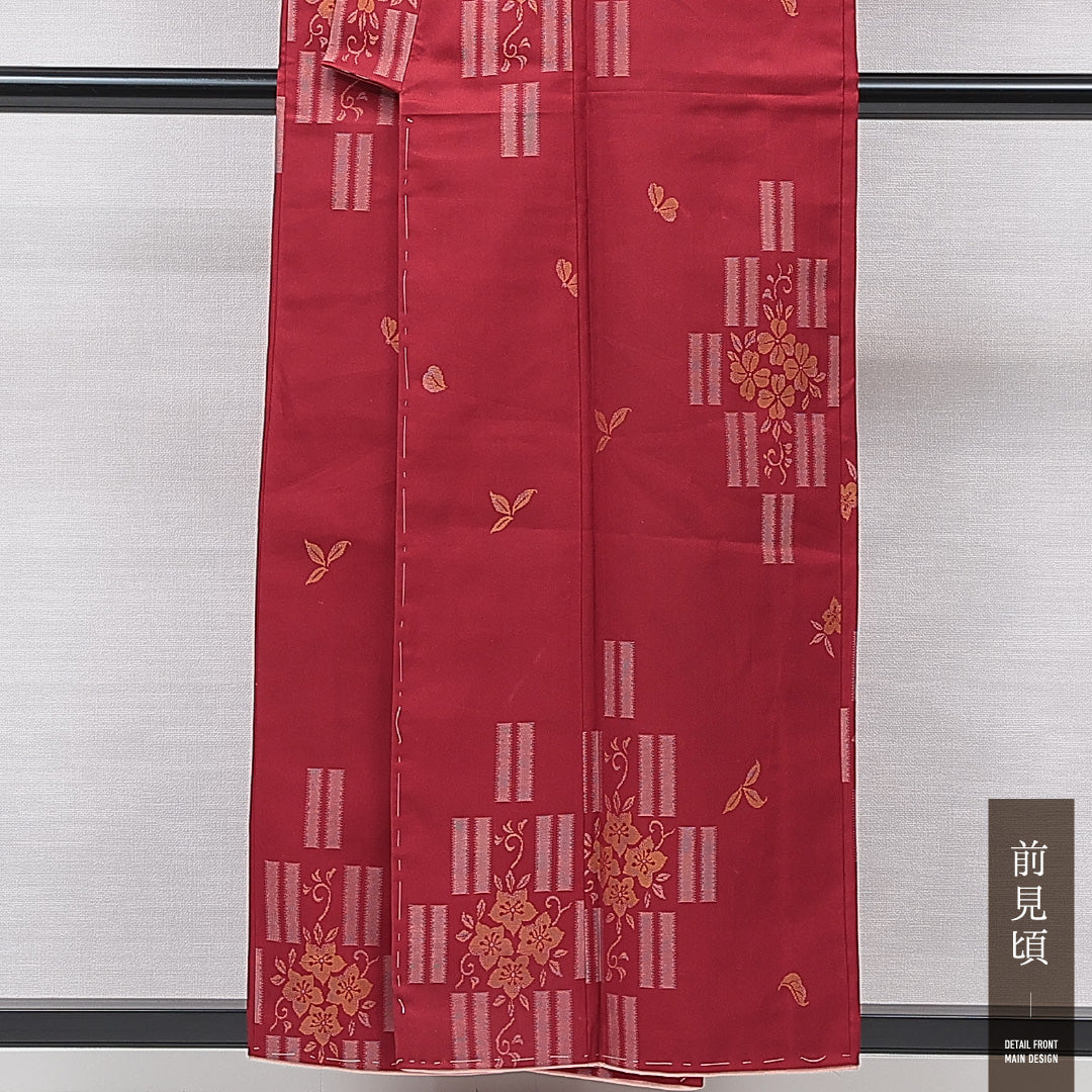 お召 袷 身丈155cm 裄丈60cm 正絹 Cランク インフォーマル バチ衿 Mサイズ 花柄 赤系 LP 1222-15583