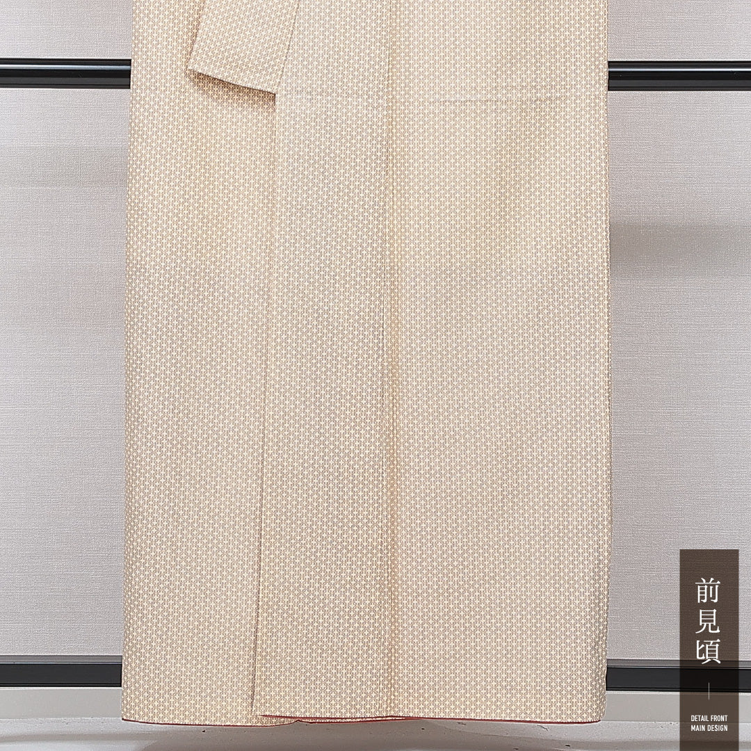 洗える着物 小紋 袷 身丈157cm 裄丈64cm ポリエステル Sランク インフォーマル 広衿 Mサイズ 松皮菱 ベージュ系 RP 1221-15823
