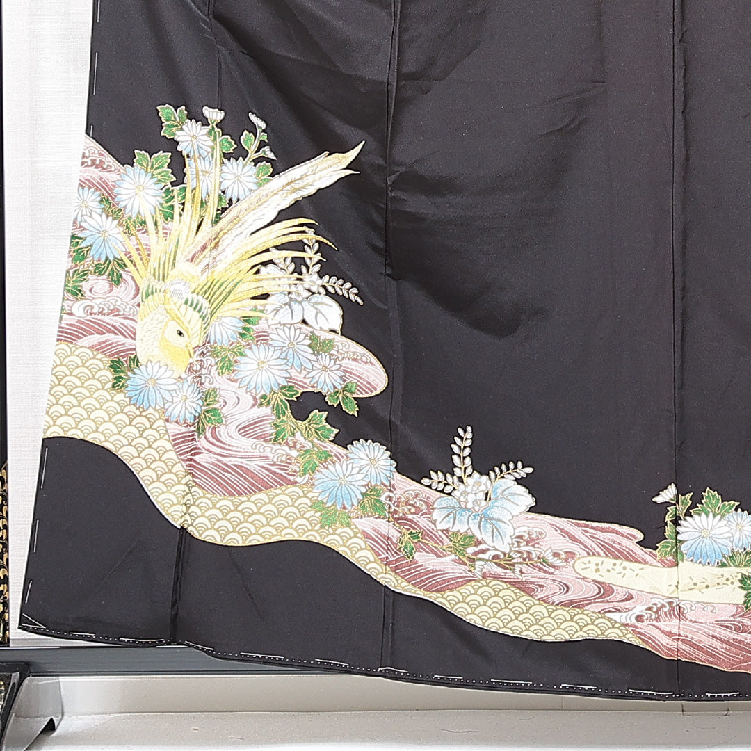黒留袖 袷 身丈160cm 裄丈64cm 五つ紋 五三桐 フォーマル Sランク Lサイズ ポリエステル 洗える着物 広衿 鳥 菊 1211-F0712