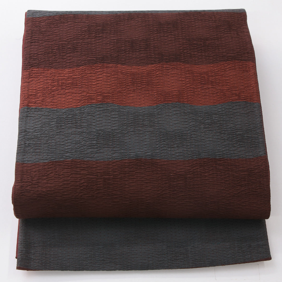 袋帯 帯丈436cm インフォーマル 六通 帯芯なし Sランク 正絹 ふくれ織 よろけ縞 赤系 1223-02240