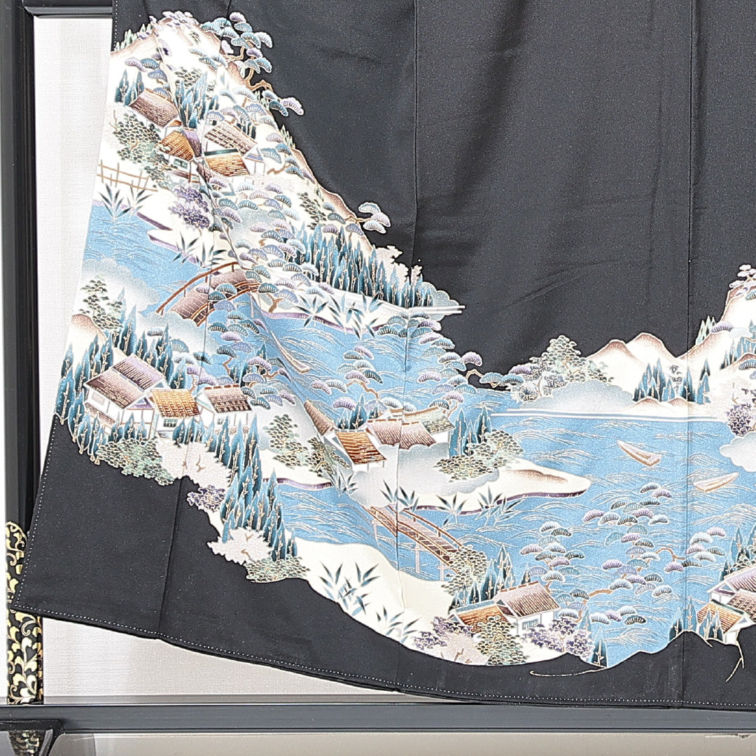 黒留袖 袷 身丈153cm 裄丈62cm 五つ紋 四つ目菱 フォーマル Sランク Sサイズ 正絹 比翼仕立て 広衿 茶屋辻 松 1211-F0711