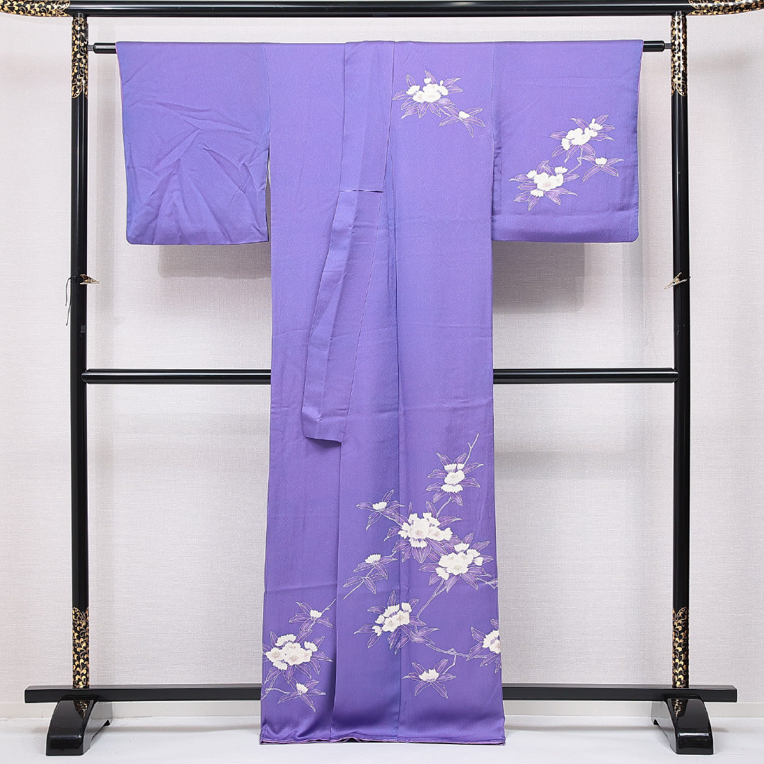 訪問着 袷 身丈168cm 裄丈66cm 正絹 Bランク セミフォーマル 広衿 XLサイズ 牡丹 紫系 RP 1217-15086