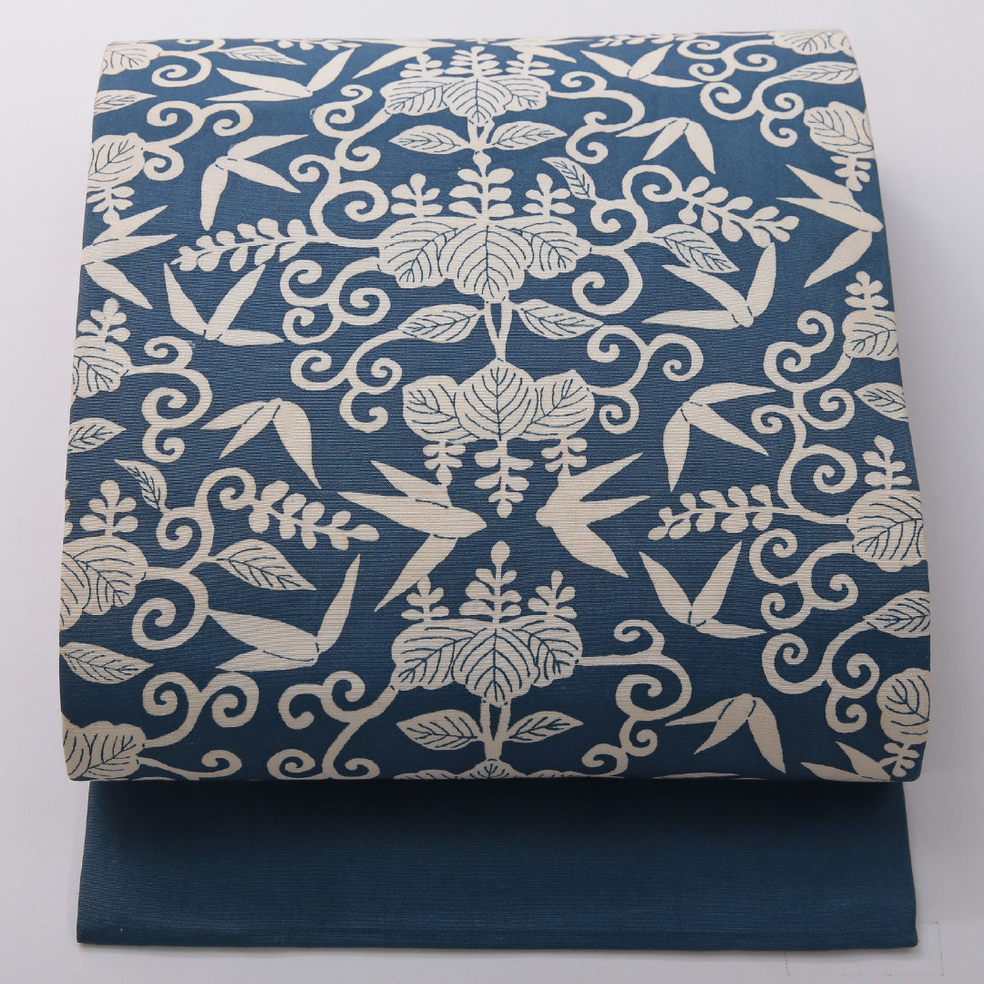 アンティーク 九寸名古屋帯（紬） 帯丈342cm カジュアル 名古屋仕立て 全通 Bランク 正絹 染め帯 桐 白系 青系 1224-03699