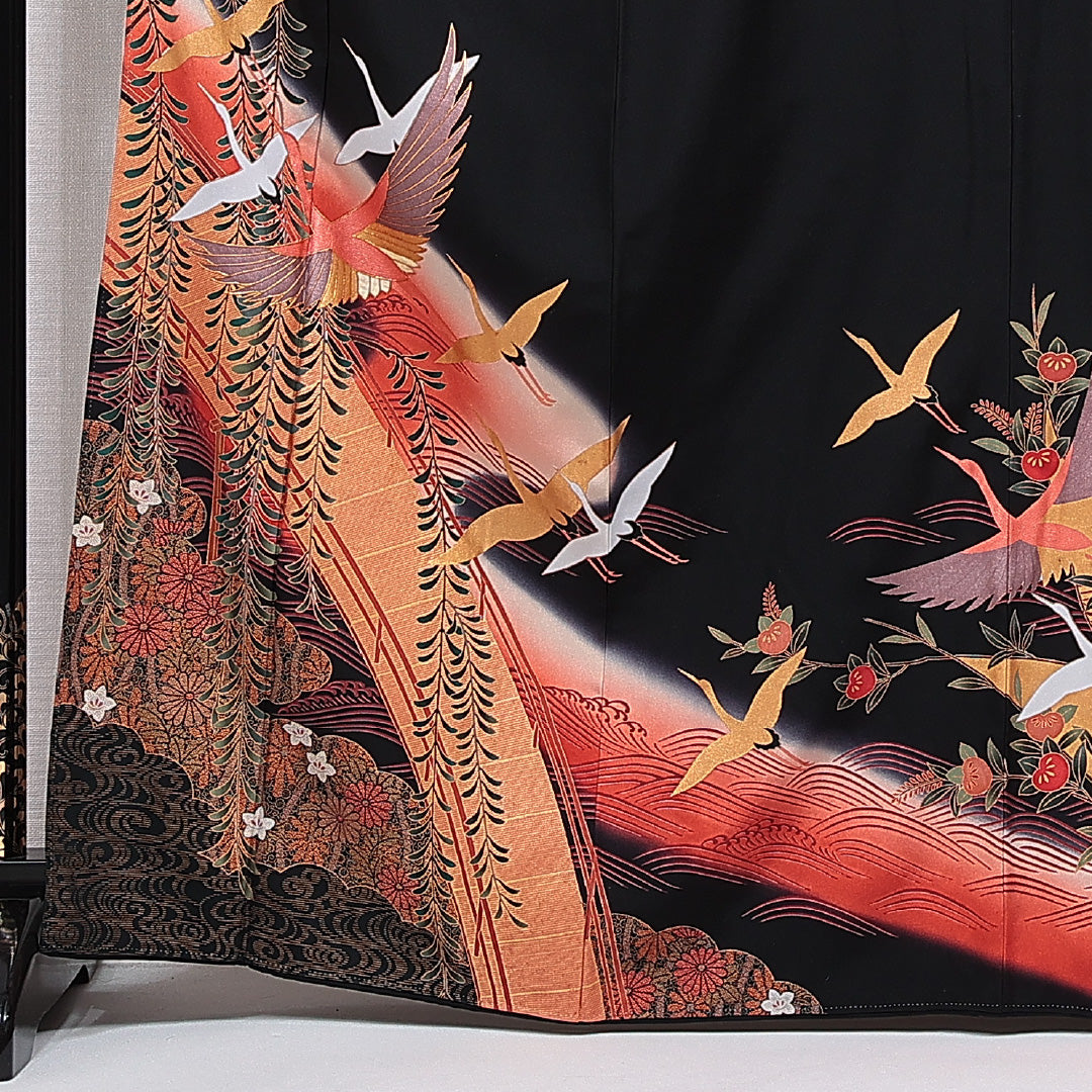 黒留袖 袷 身丈165cm 裄丈67cm 五つ紋 五三桐 フォーマル Cランク XLサイズ 正絹 比翼仕立て 広衿 鶴 刺繍 1211-F0763