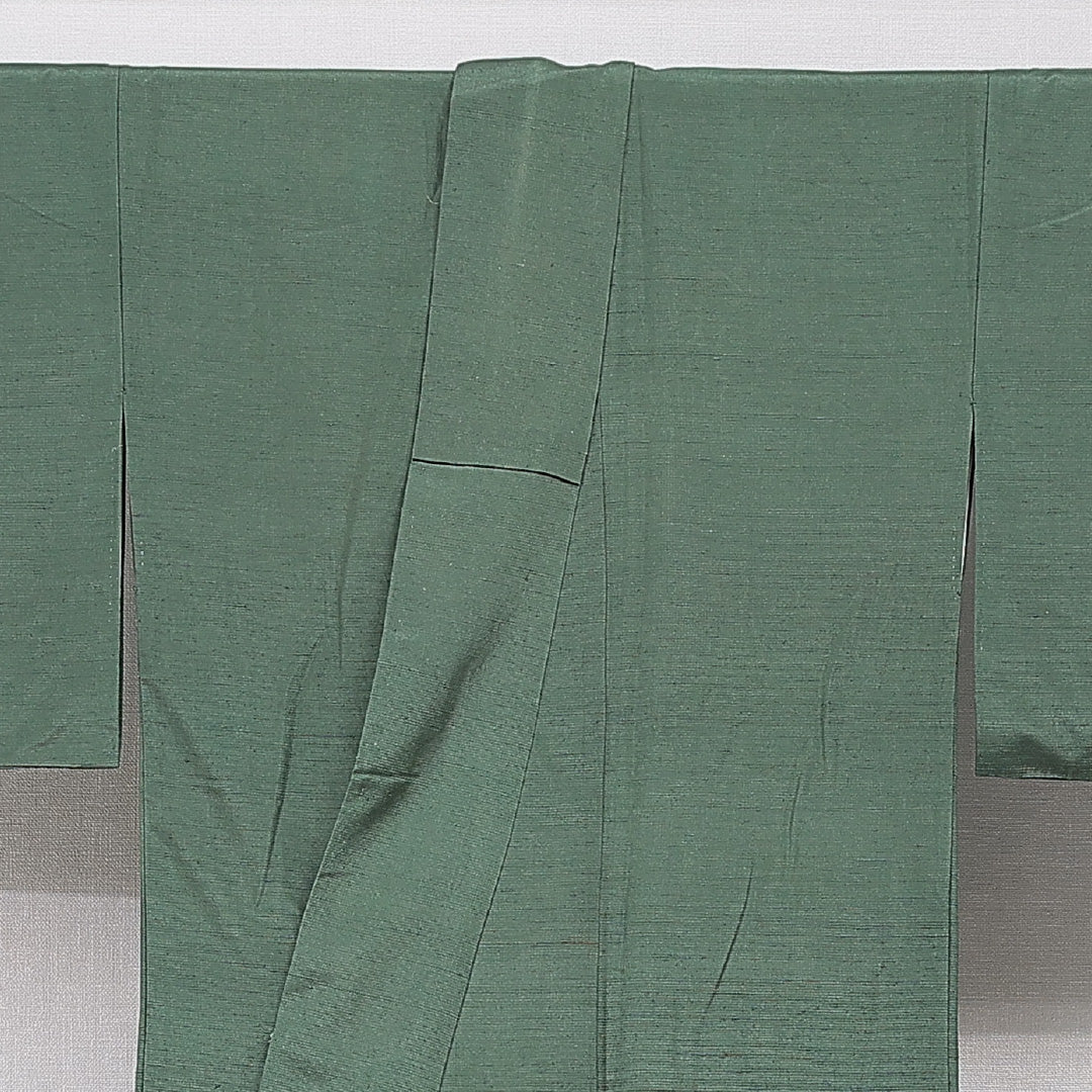 色無地（紬） 袷 身丈159cm 裄丈65cm 正絹 Cランク Mサイズ 広衿 インフォーマル 無地 緑系 1214-15609