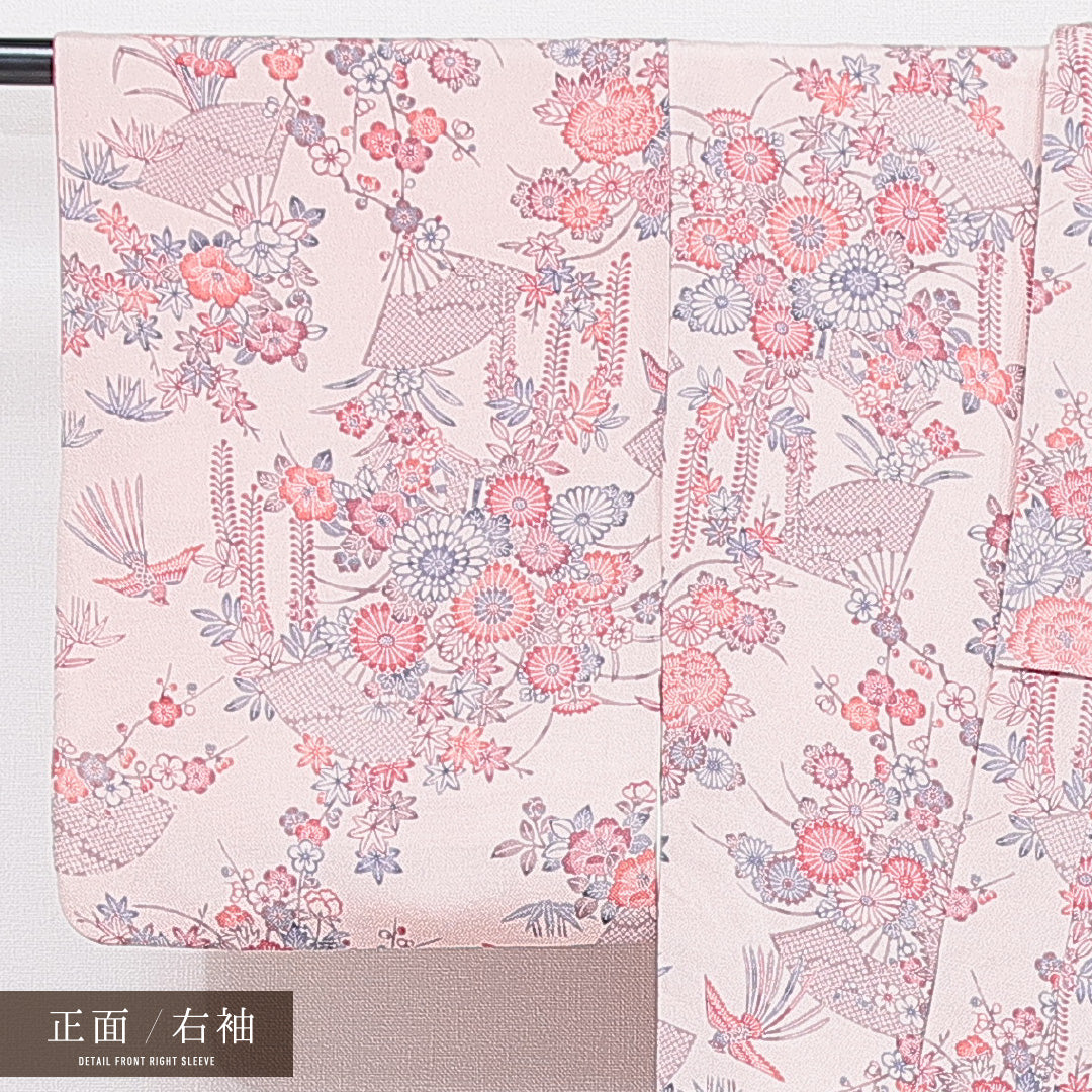 小紋 袷 身丈163cm 裄丈62cm 正絹 Sランク インフォーマル バチ衿 Lサイズ 扇 梅 ピンク系 RP 1221-15553