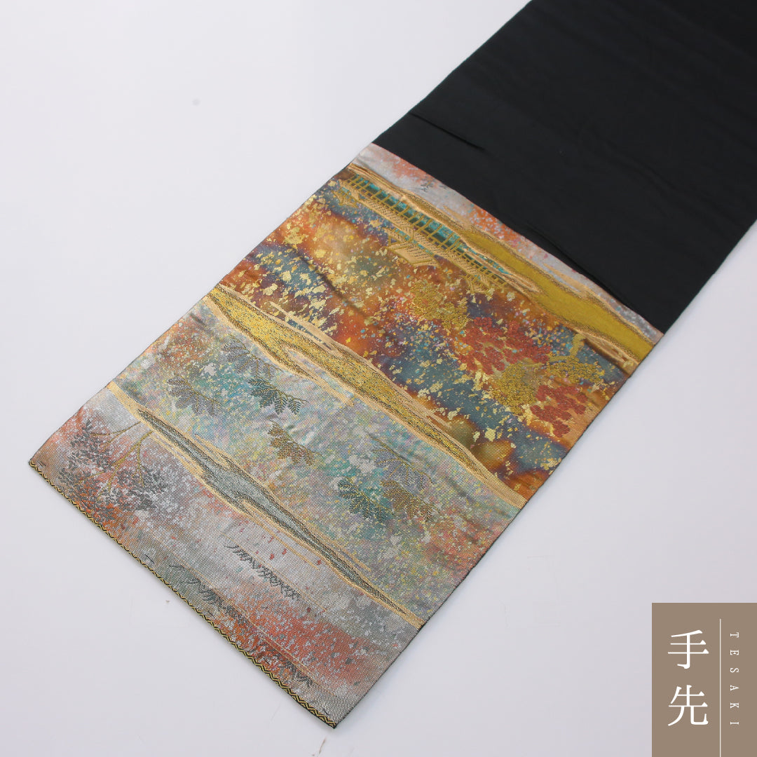 袋帯 帯丈436cm フォーマル 六通 Aランク 正絹 引箔 御所解 黒系 1223-02333