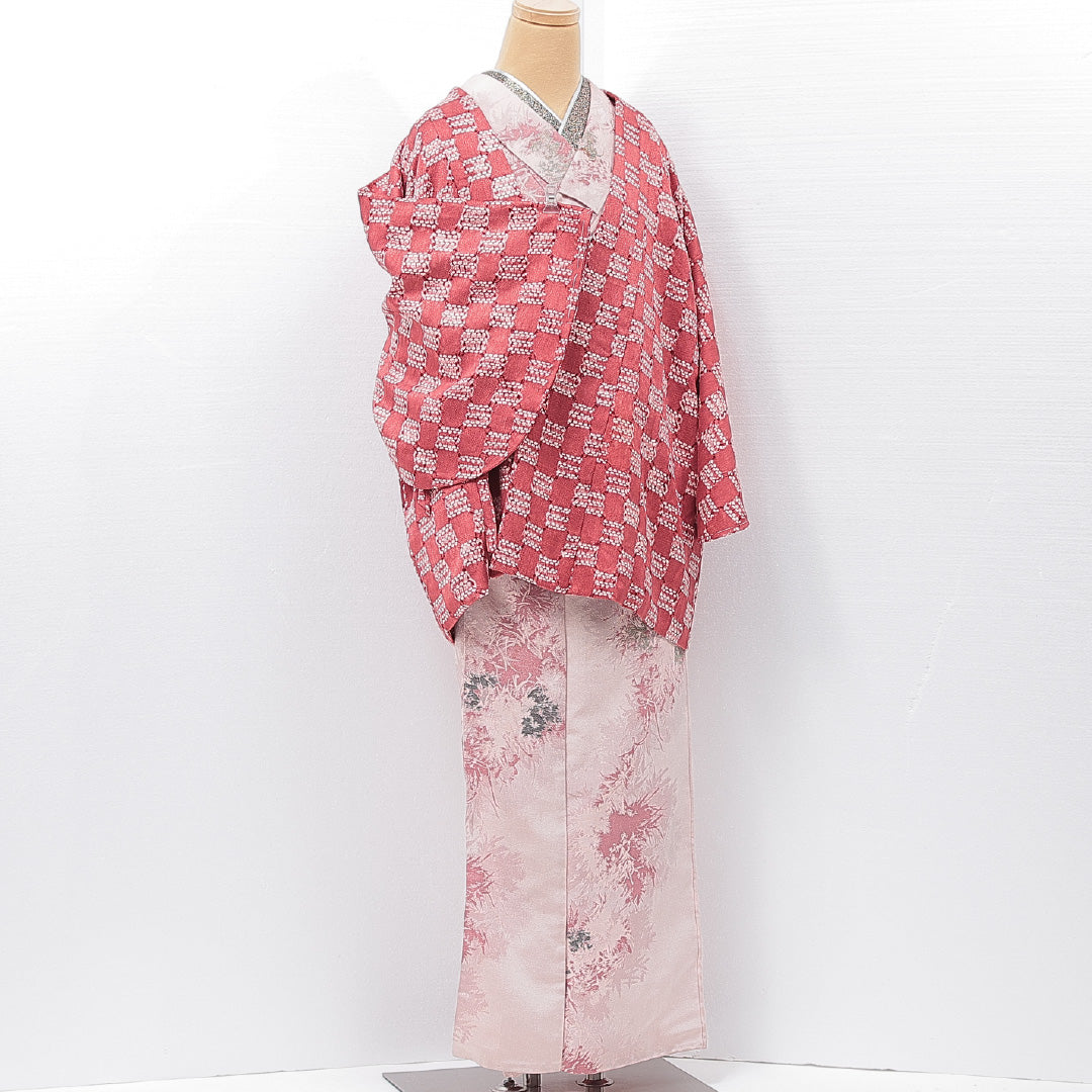 道中着 袷 身丈72cm 裄丈62cm 正絹 Aランク Sサイズ カジュアル 創作柄 ピンク系 1264-15122