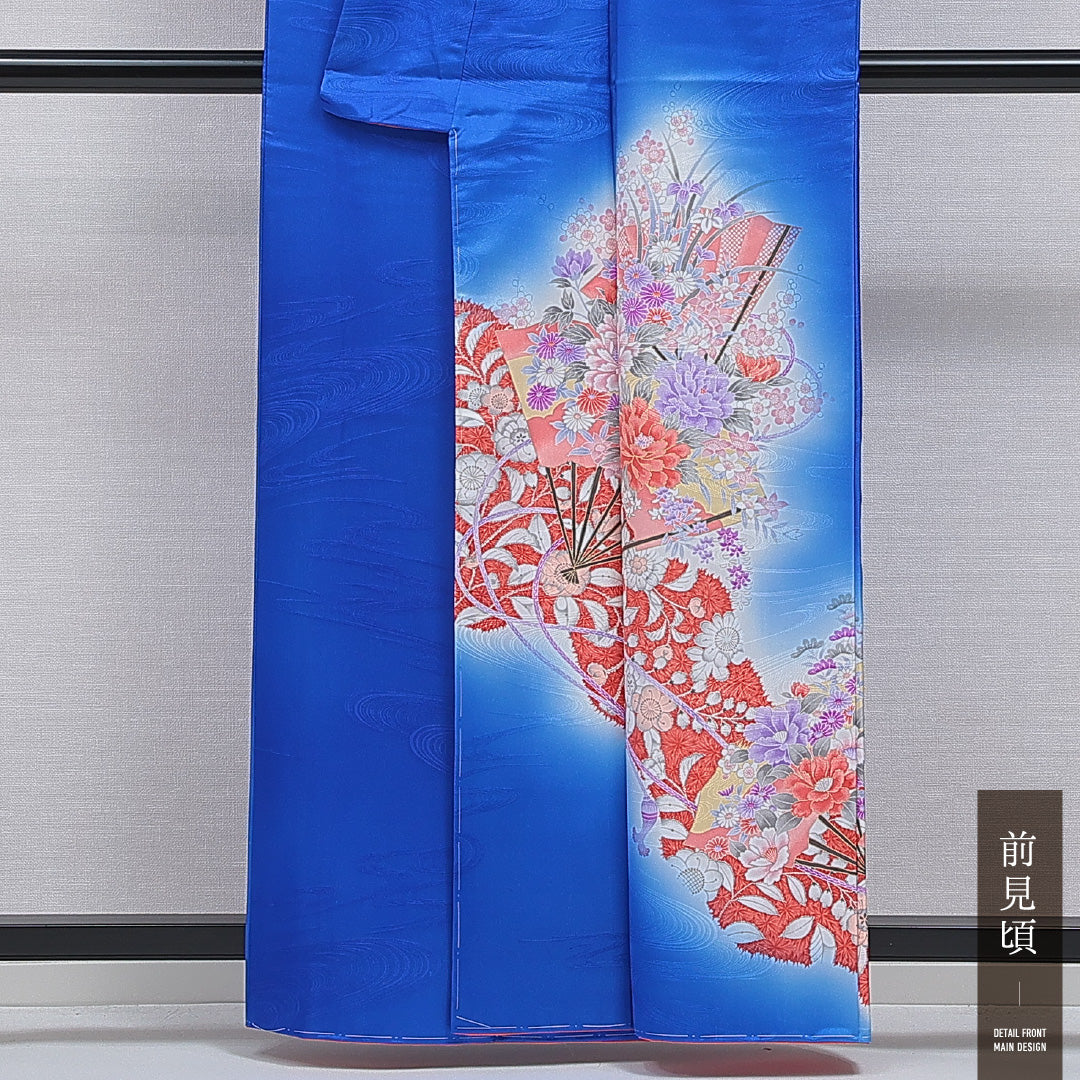 訪問着 洗える着物 袷 身丈159cm 裄丈62cm ポリエステル Sランク Mサイズ 広衿 セミフォーマル 紋意匠 流水 古典柄 ぼかし染 青系 1212-16083