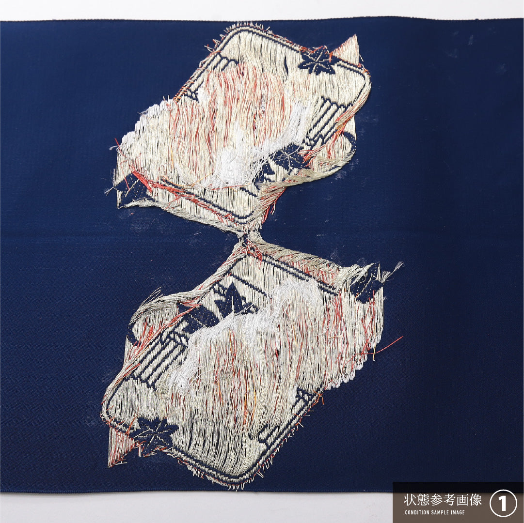 八寸名古屋帯 帯丈366cm セミフォーマル 松葉仕立て ポイント柄 Aランク 正絹 扇 牡丹 青系 1224-03727