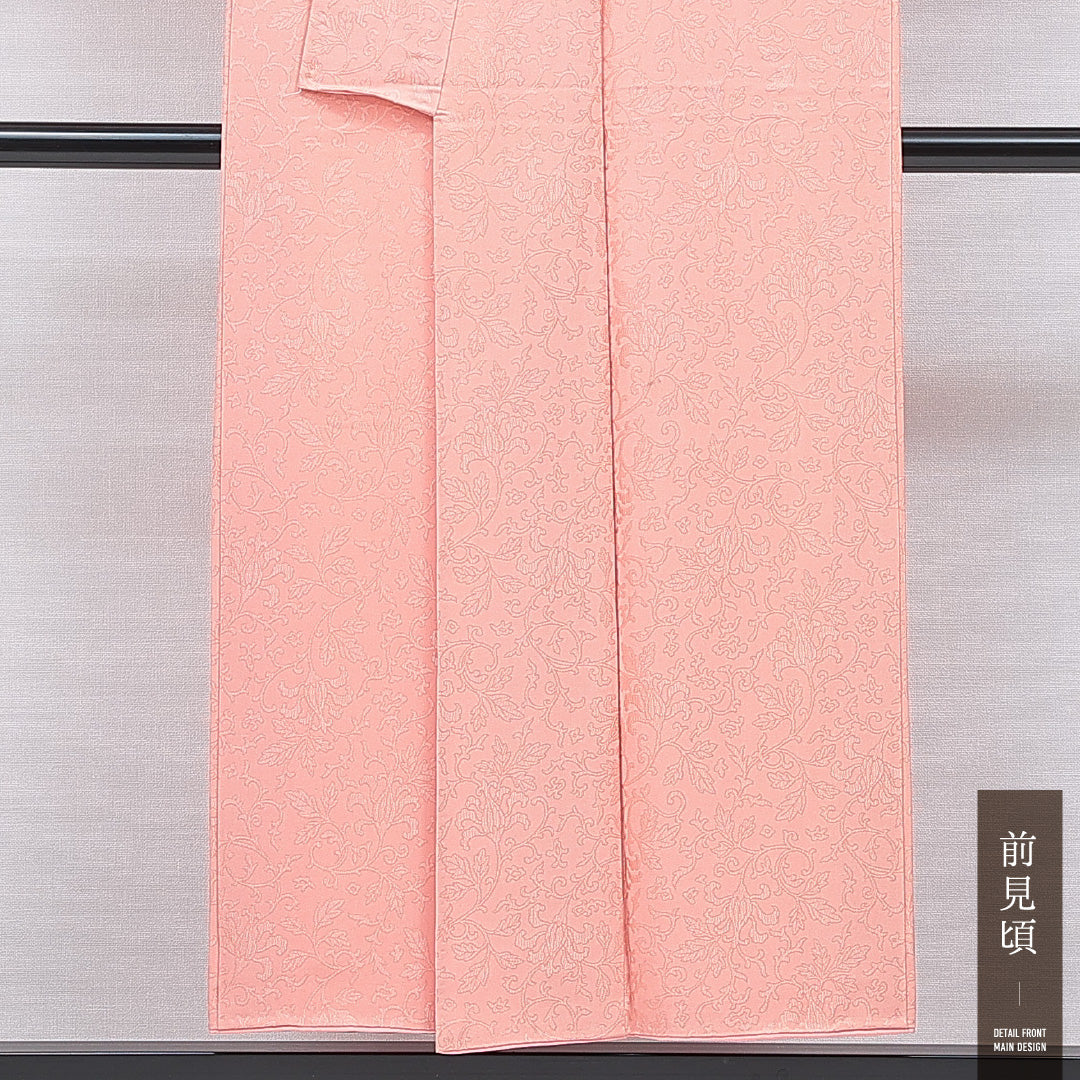 色無地 袷 身丈150cm 裄丈65cm 正絹 Aランク 一つ紋 (丸に違い鷹の羽) 紋意匠 (唐草) セミフォーマル 広衿 Sサイズ 朱系 RP 1219-16726