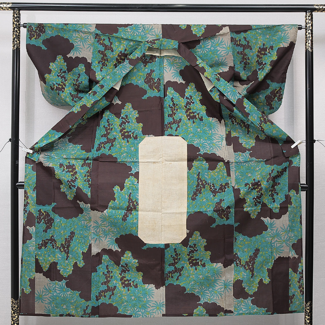 アンティーク 紬 単衣 身丈154cm 裄丈64cm 正絹 Cランク Sサイズ バチ衿 居敷当て 肩当て 創作柄 茶系 1216-15662