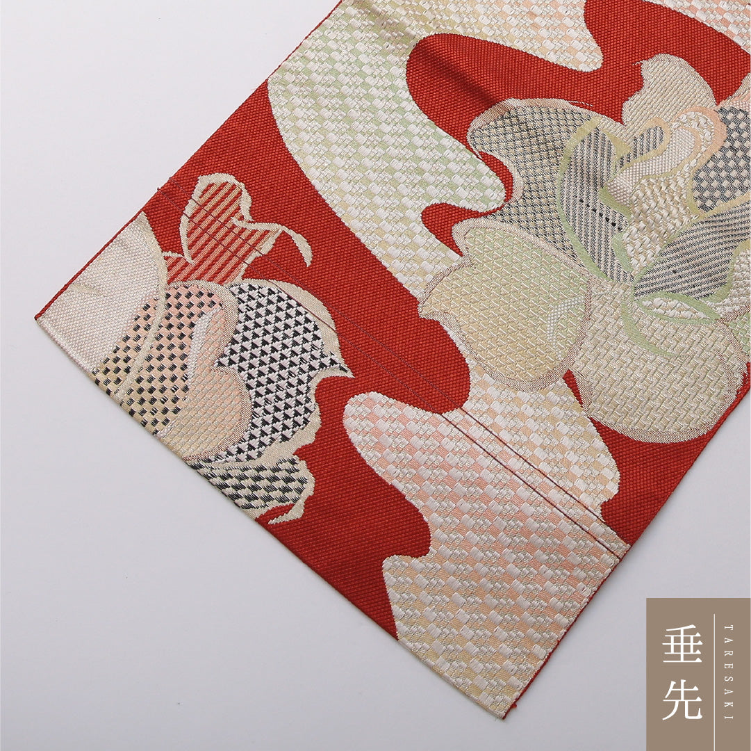 八寸名古屋帯 帯丈351cm カジュアル 松葉仕立て 六通 帯芯なし Sランク 正絹 花柄 朱系 赤系 1224-03457