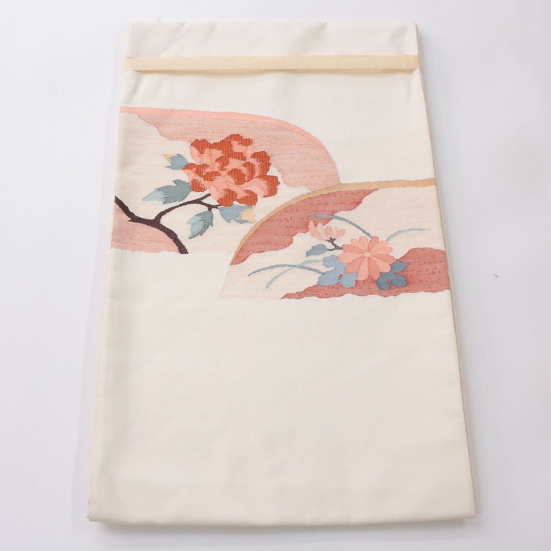 未使用品 袋帯（紬） 帯丈428cm 正絹 ポイント柄 帯芯なし カジュアル 牡丹 菊 クリーム系 1243-02237
