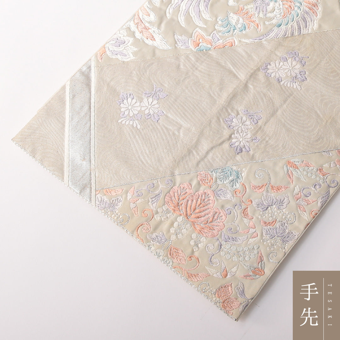 袋帯 帯丈414cm 正絹 六通 帯端のみ未仕立て フォーマル 裂取り 鳳凰 クリーム系 銀系 1243-01809