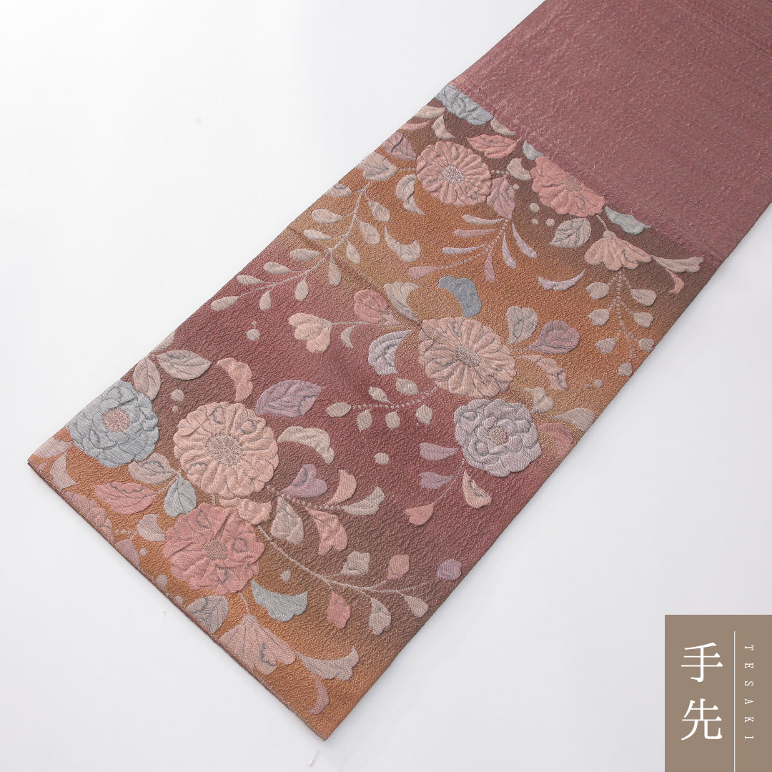 袋帯 帯丈432cm 正絹 六通 帯芯なし セミフォーマル ふくれ織 唐草華文 ピンク系 1243-02278
