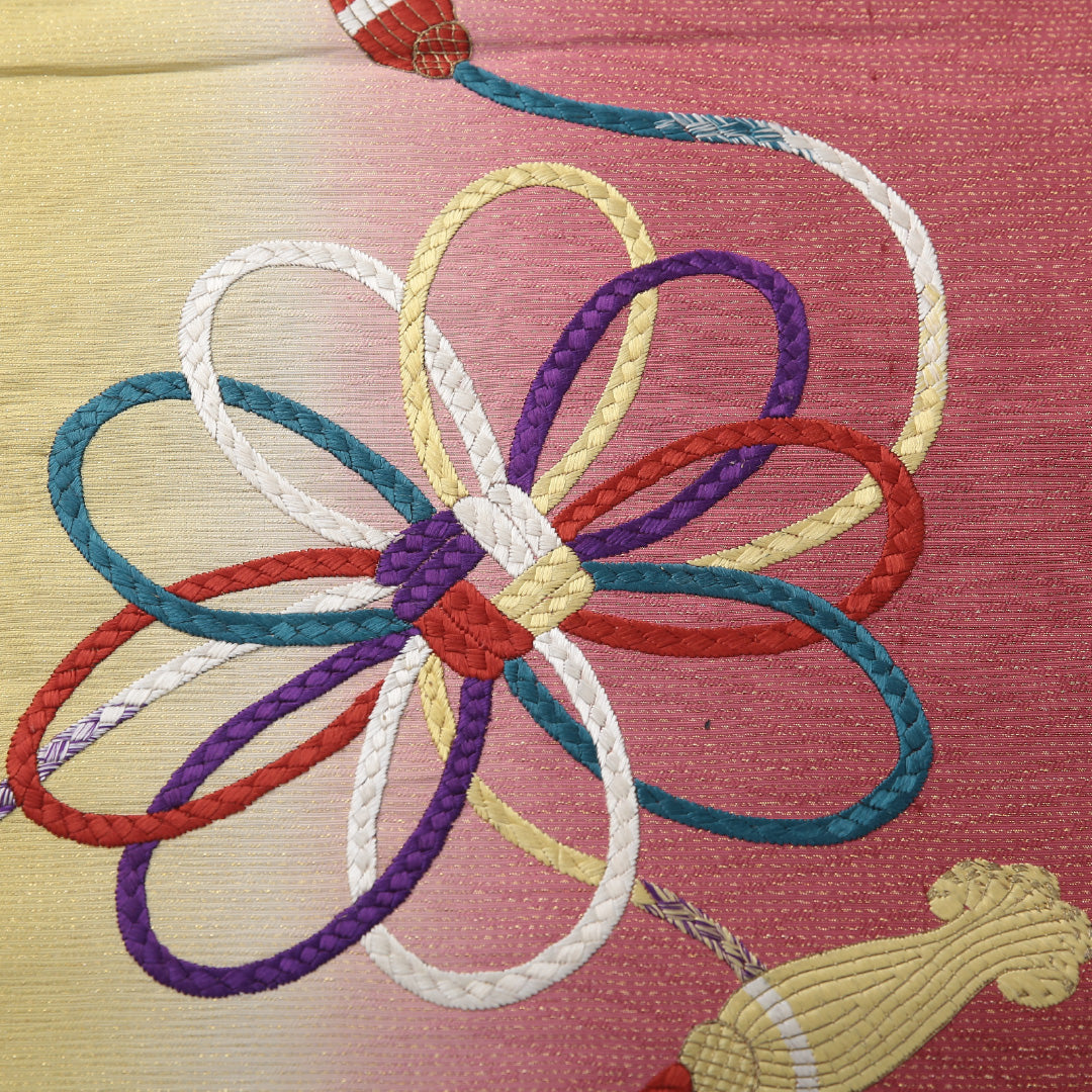 アンティーク 九寸名古屋帯 帯丈363cm 名古屋仕立て ポイント柄 Aランク 正絹 銀駒刺繍 組紐 ピンク系 黄系 1224-03710