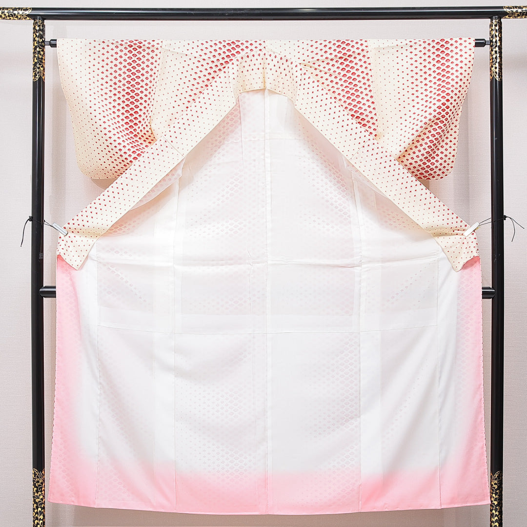 洗える着物 小紋 袷 身丈155cm 裄丈62cm ポリエステル Sランク インフォーマル 広衿 Mサイズ 創作柄 クリーム系 RP 1221-15784