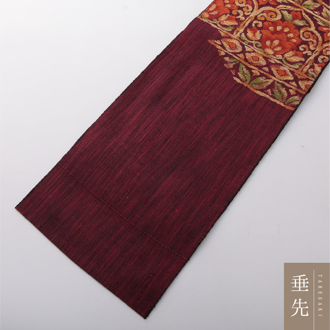 八寸名古屋帯 Sランク 帯丈345cm 正絹 ポイント柄 松葉仕立て 織り カジュアル 紬 唐草華文 赤に近い紫系 RP 1245-03439