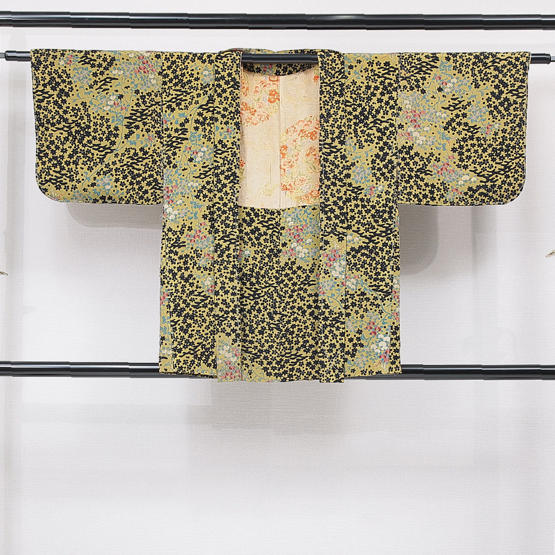 羽織 袷 身丈75cm 裄丈60cm 正絹 Aランク Sサイズ カジュアル 紐あり 橘 紅葉 緑系 1217-15124