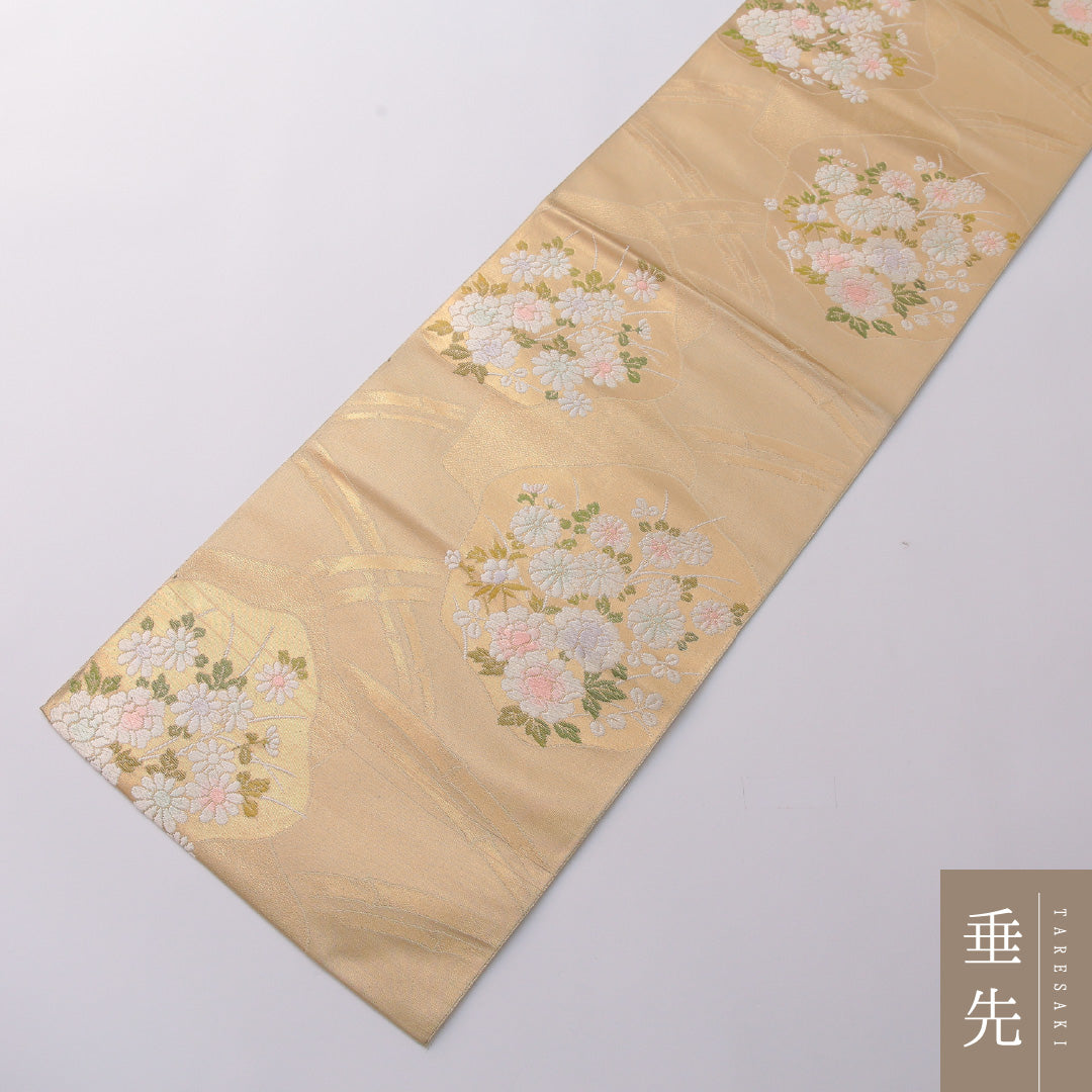 九寸名古屋帯 Aランク 帯丈348cm 正絹 六通 名古屋仕立て 織り セミフォーマル 光悦垣 菊 金系 RP 1245-03230