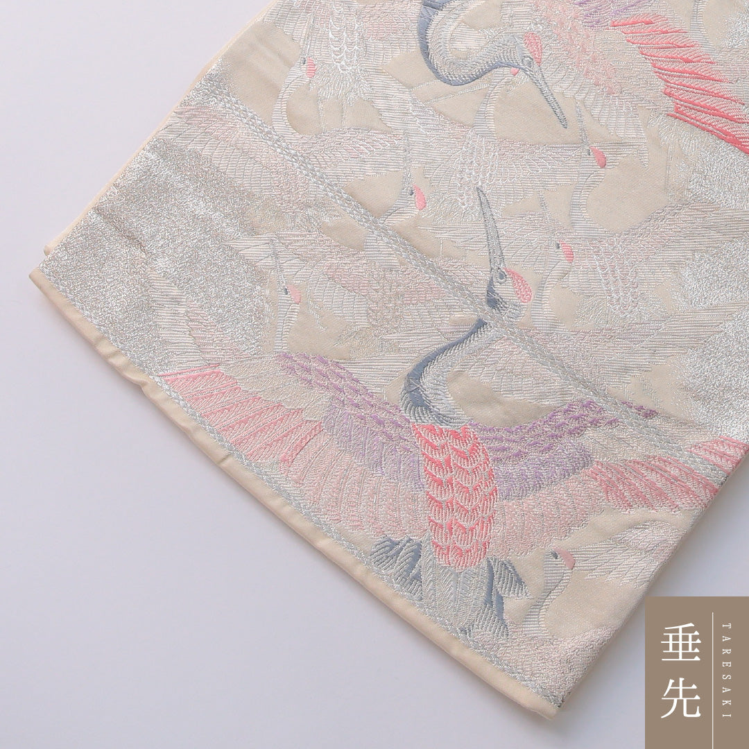 袋帯 帯丈432cm 正絹 六通 フォーマル 琳派 鶴 白系 銀系 1243-01947