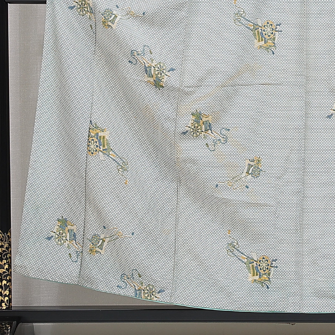 小紋 洗える着物 袷 身丈155cm 裄丈62cm ポリエステル Cランク Mサイズ 広衿 インフォーマル 御所車 亀甲 クリーム系 1215-16091