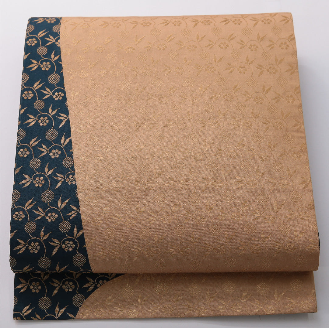 九寸名古屋帯 帯丈432cm カジュアル 開き仕立て 六通 Aランク 正絹 植物柄 紺系 1224-03516