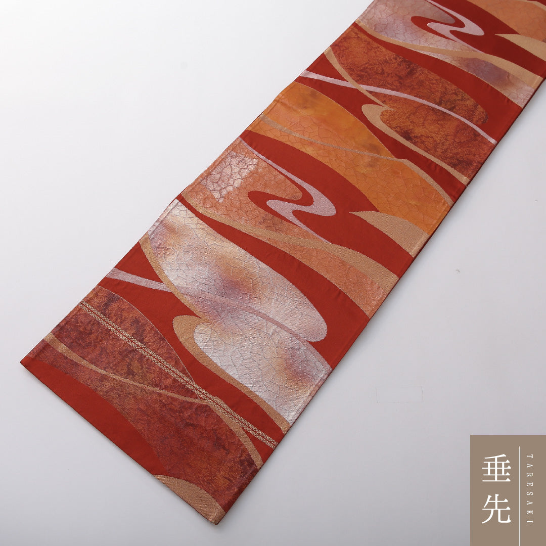 袋帯 帯丈412cm 正絹 六通 未仕立て 帯芯なし セミフォーマル 流水 赤系 1243-02016