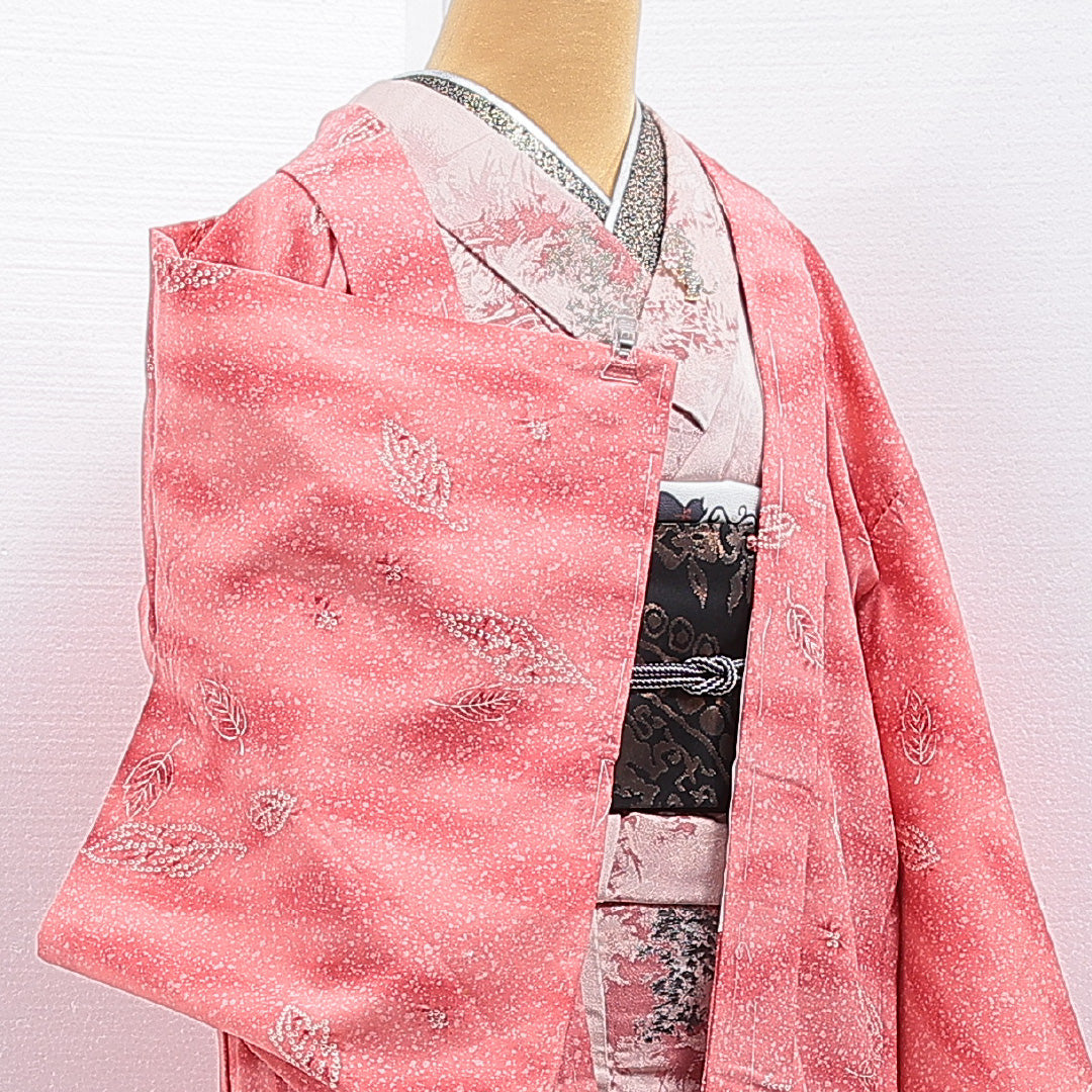 羽織 袷 身丈78cm 裄丈62cm 正絹 Sランク カジュアル Sサイズ たたき染め 植物柄 ピンク系 RP 1232-16149