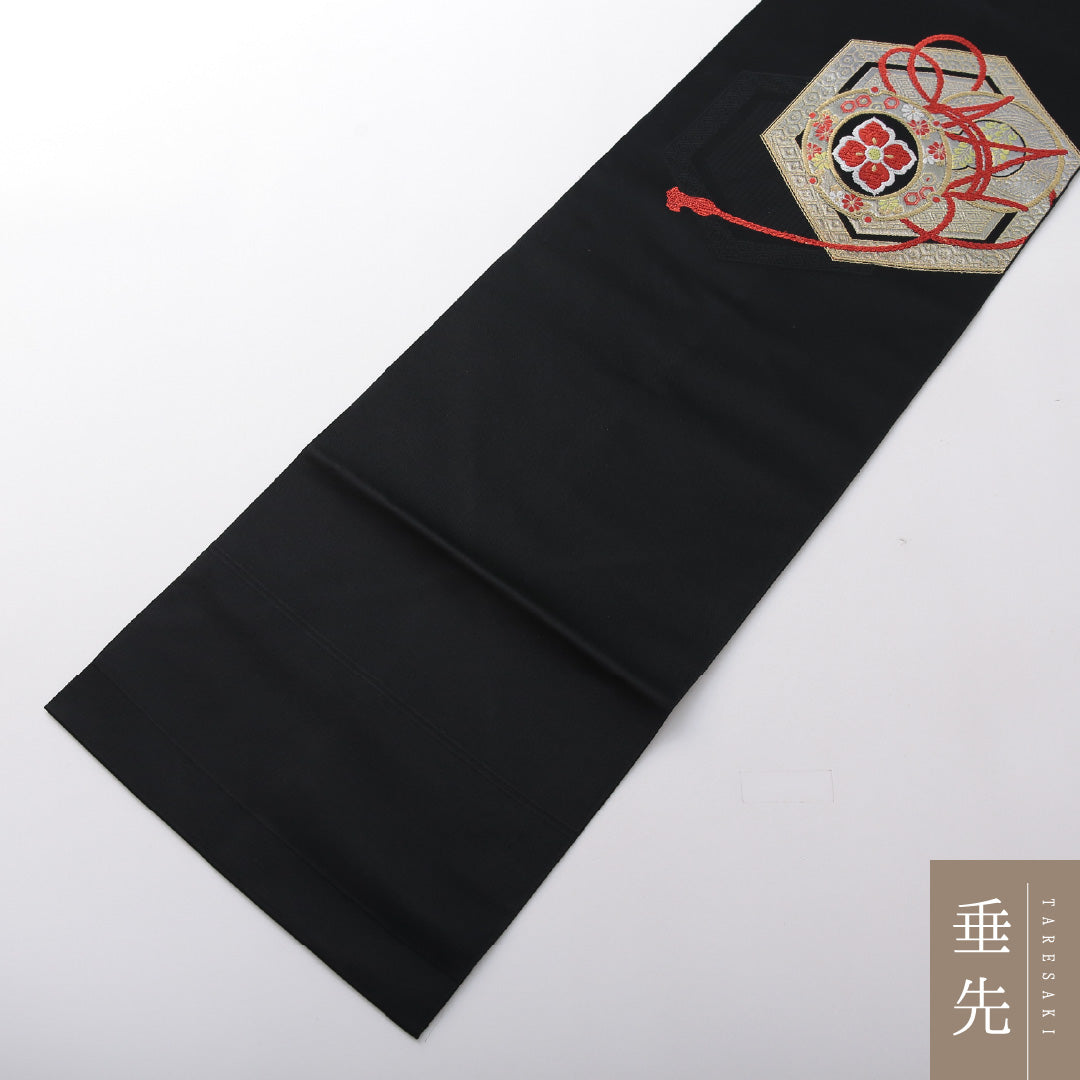 八寸名古屋帯 Aランク 帯丈341cm 正絹 ポイント柄 名古屋仕立て 織り セミフォーマル 鼓 亀甲 黒系 LP 1245-03690
