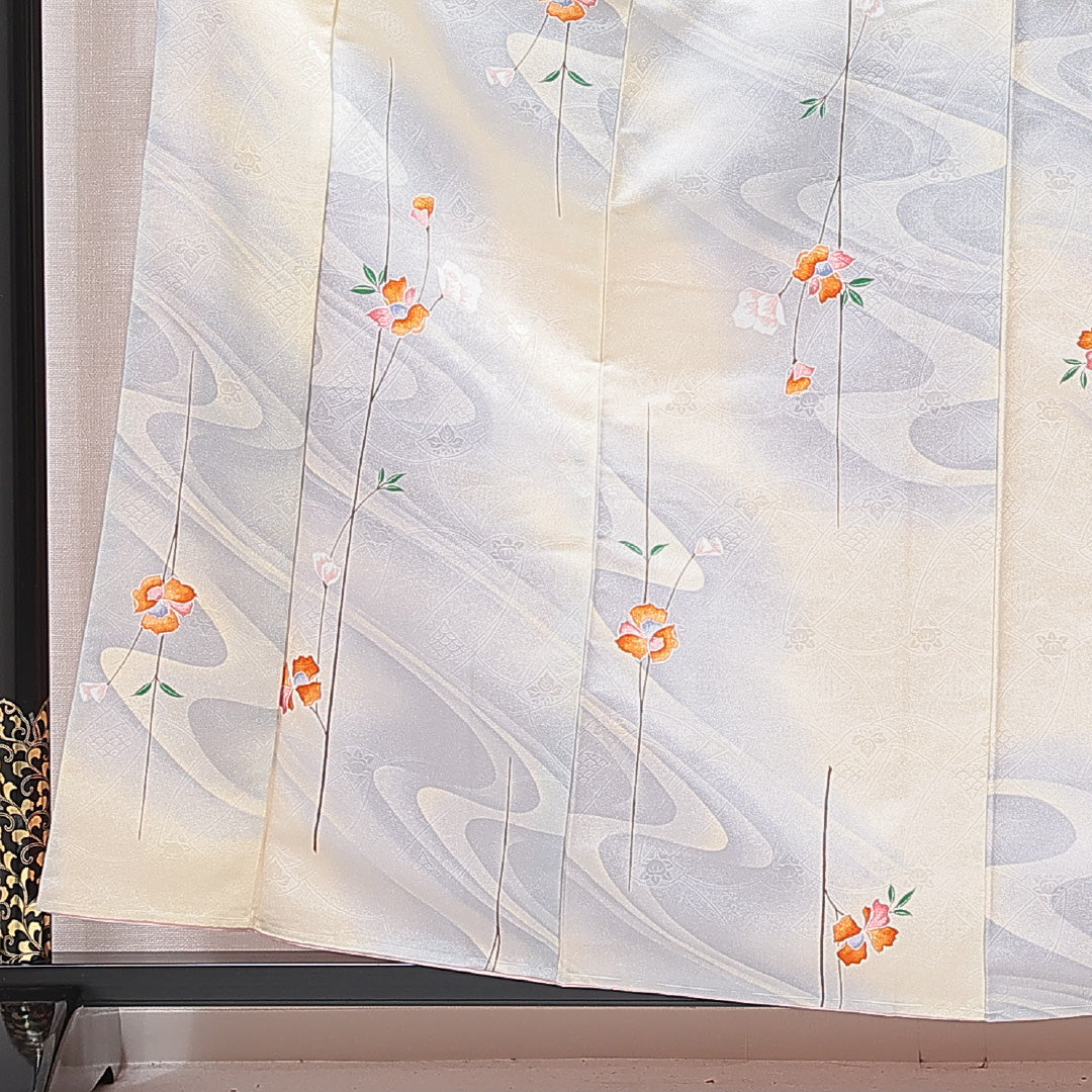 小紋 洗える着物 袷 身丈160cm 裄丈63cm ポリエステル Cランク Lサイズ 広衿 インフォーマル 青海波 花柄 クリーム系 1215-15832