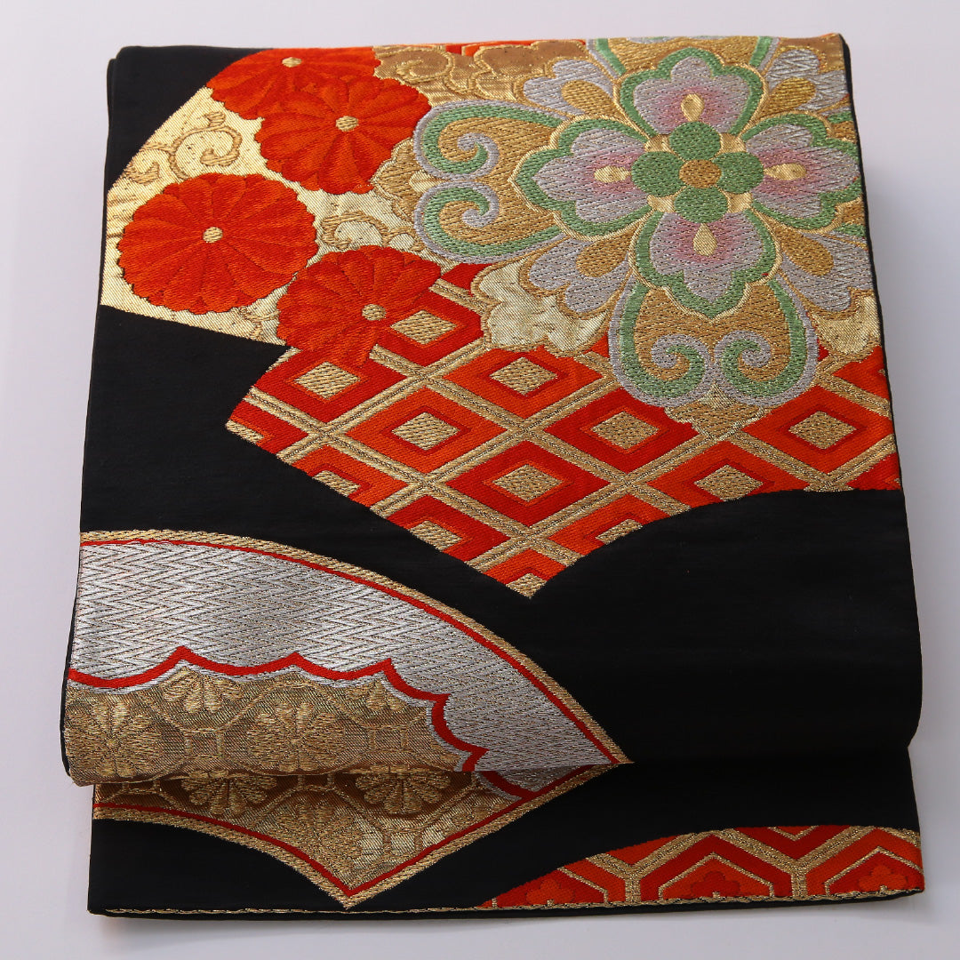 袋帯 帯丈400cm 正絹 六通 フォーマル 扇面文 宝相華 吉祥文様 黒系 金系 1243-01949