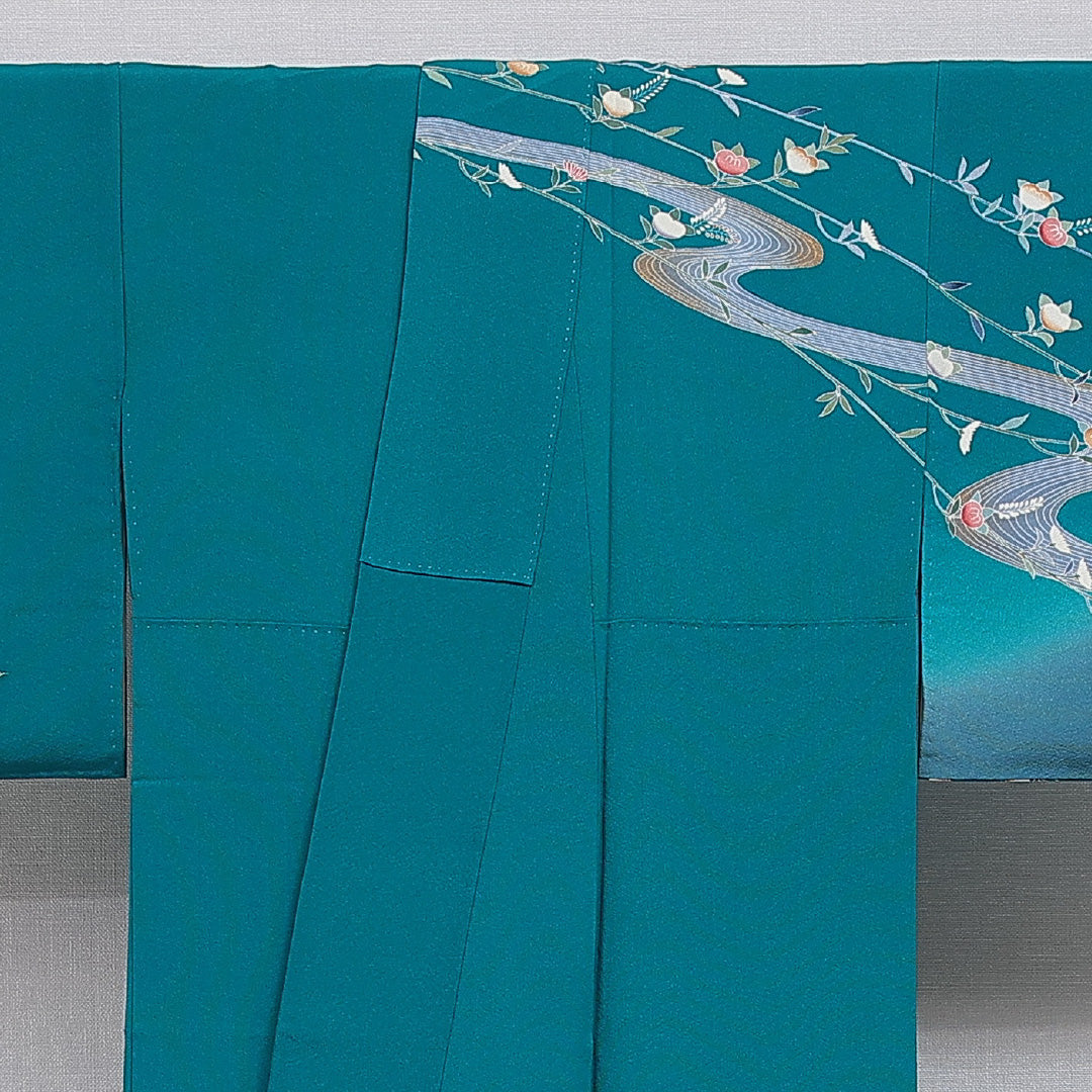 訪問着 洗える着物 袷 身丈156cm 裄丈65cm ポリエステル Sランク Mサイズ 広衿 セミフォーマル 流水 橘 金駒刺繍 緑系 青系 1212-16086