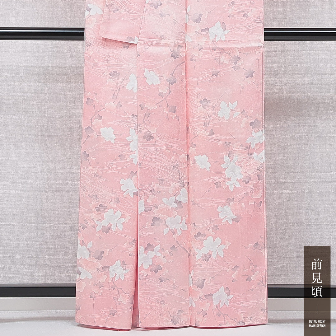 小紋 洗える着物 袷 身丈161cm 裄丈64cm ポリエステル Sランク Lサイズ 広衿 インフォーマル 花柄 ピンク系 1215-15790