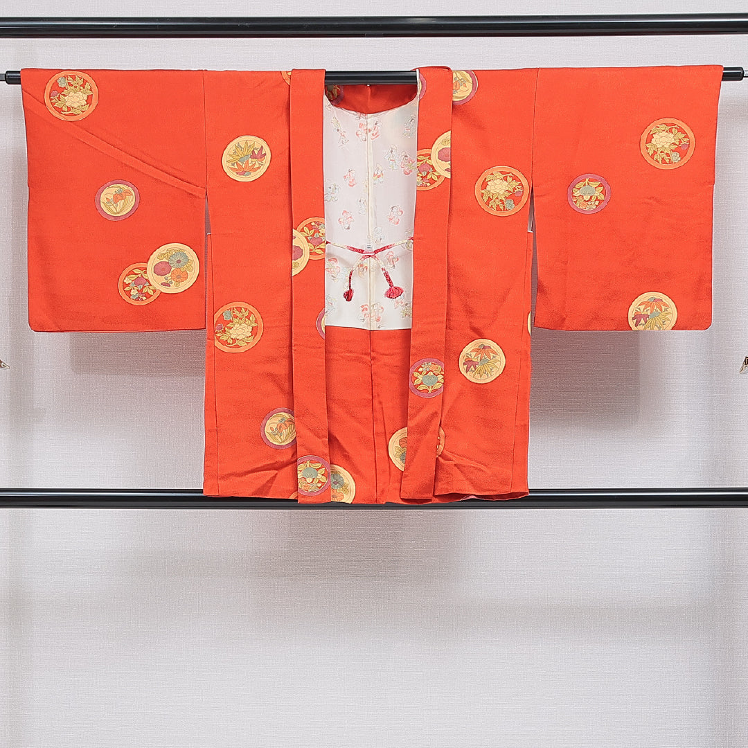 羽織 袷 身丈79cm 裄丈65cm 正絹 Sランク カジュアル Mサイズ 紐あり 花柄 丸文 朱系 RP 1232-16128