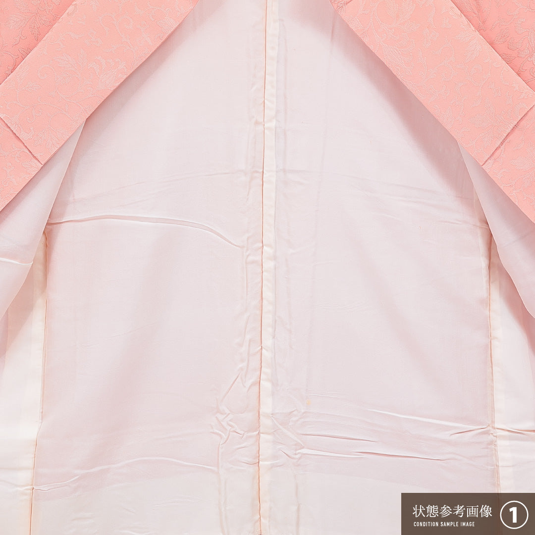 色無地 袷 身丈150cm 裄丈65cm 正絹 Aランク 一つ紋 (丸に違い鷹の羽) 紋意匠 (唐草) セミフォーマル 広衿 Sサイズ 朱系 RP 1219-16726