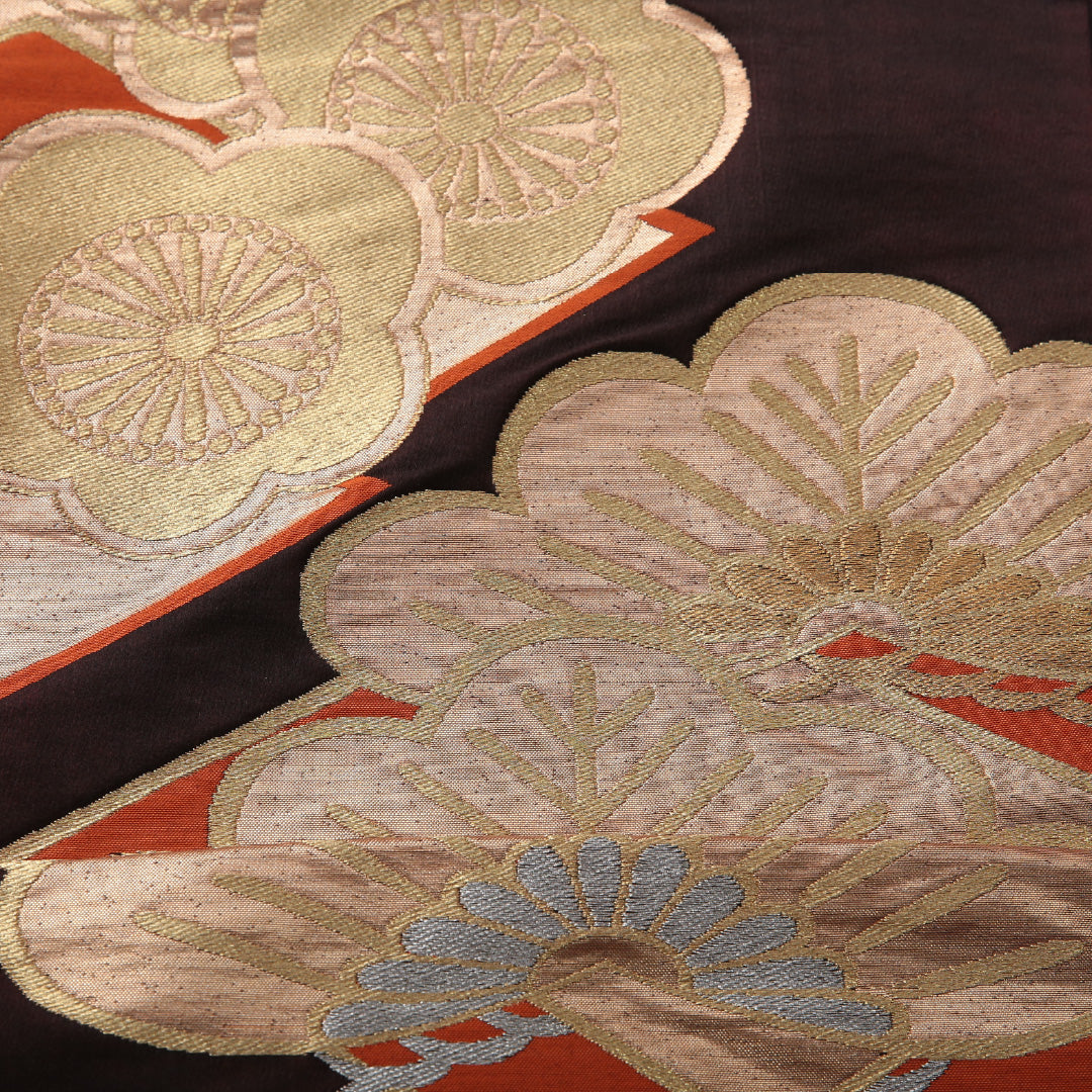 アンティーク 袋帯 帯丈416cm フォーマル 六通 未仕立て 帯芯なし Aランク 正絹 梅 笠松 茶系 1223-01974