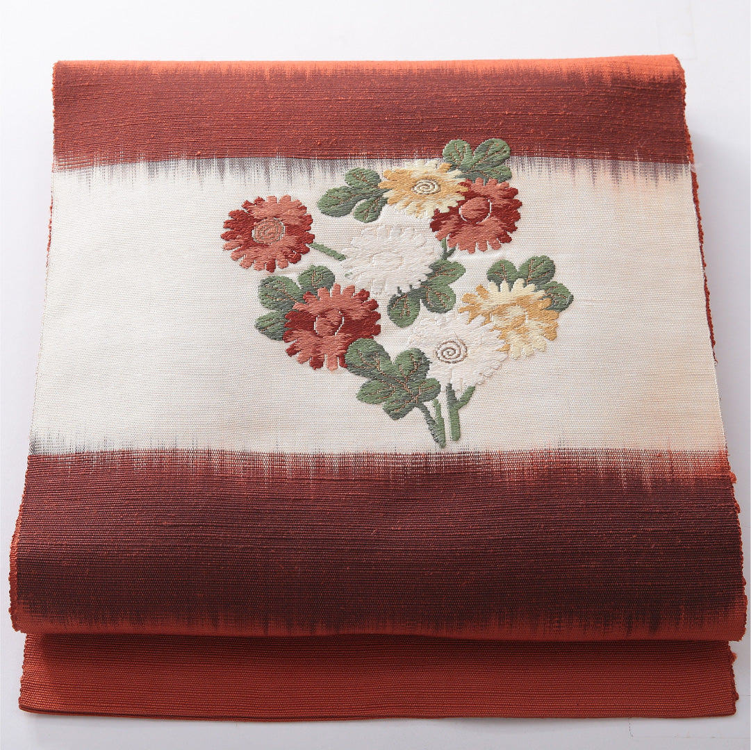 八寸名古屋帯（紬） 帯丈350cm カジュアル 開き仕立て ポイント柄 Aランク 正絹 菊 朱系 1224-03910