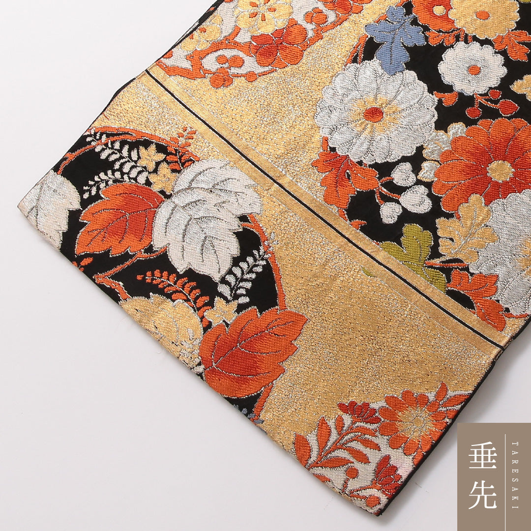 アンティーク 袋帯 帯丈400cm 六通 Bランク 正絹 菊 桐 金系 1223-01871