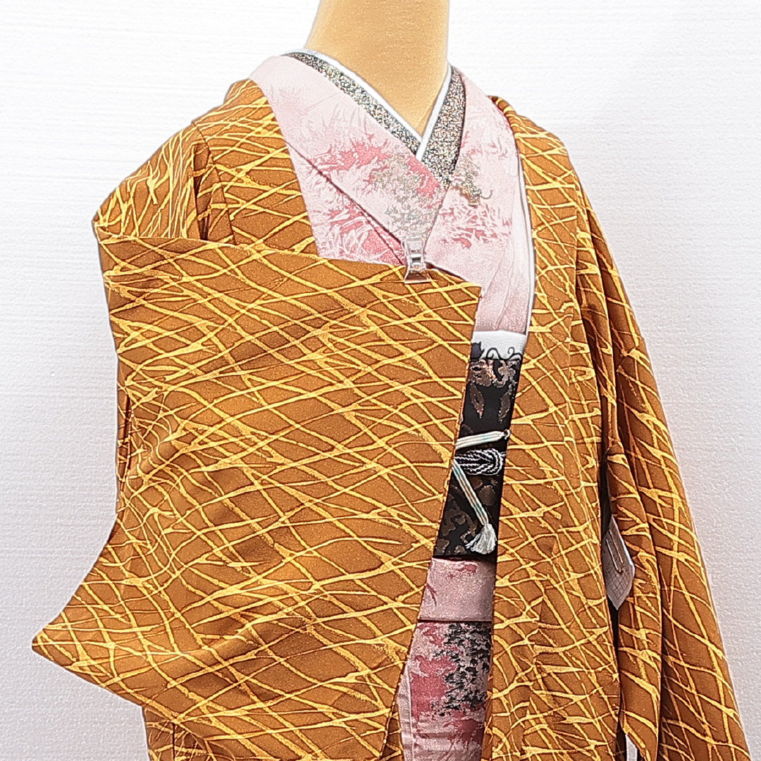 羽織 袷 身丈79cm 裄丈64cm 正絹 Sランク カジュアル Mサイズ 紐あり 創作柄 茶系 RP 1232-15460
