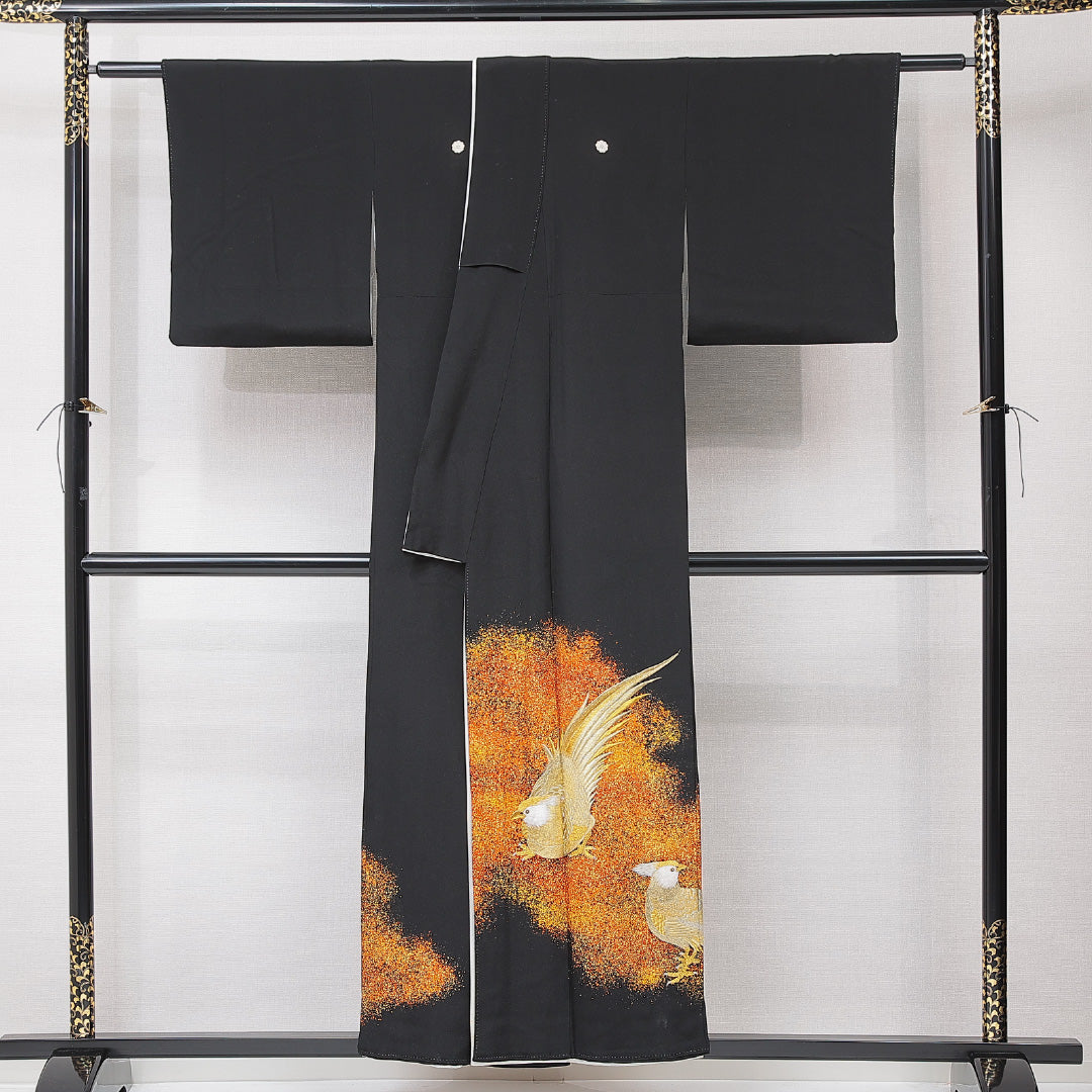 黒留袖 袷 身丈151cm 裄丈61cm 五つ紋 剣片喰 フォーマル Cランク Sサイズ 正絹 比翼仕立て 広衿 鳥 刺繍 1211-F0690
