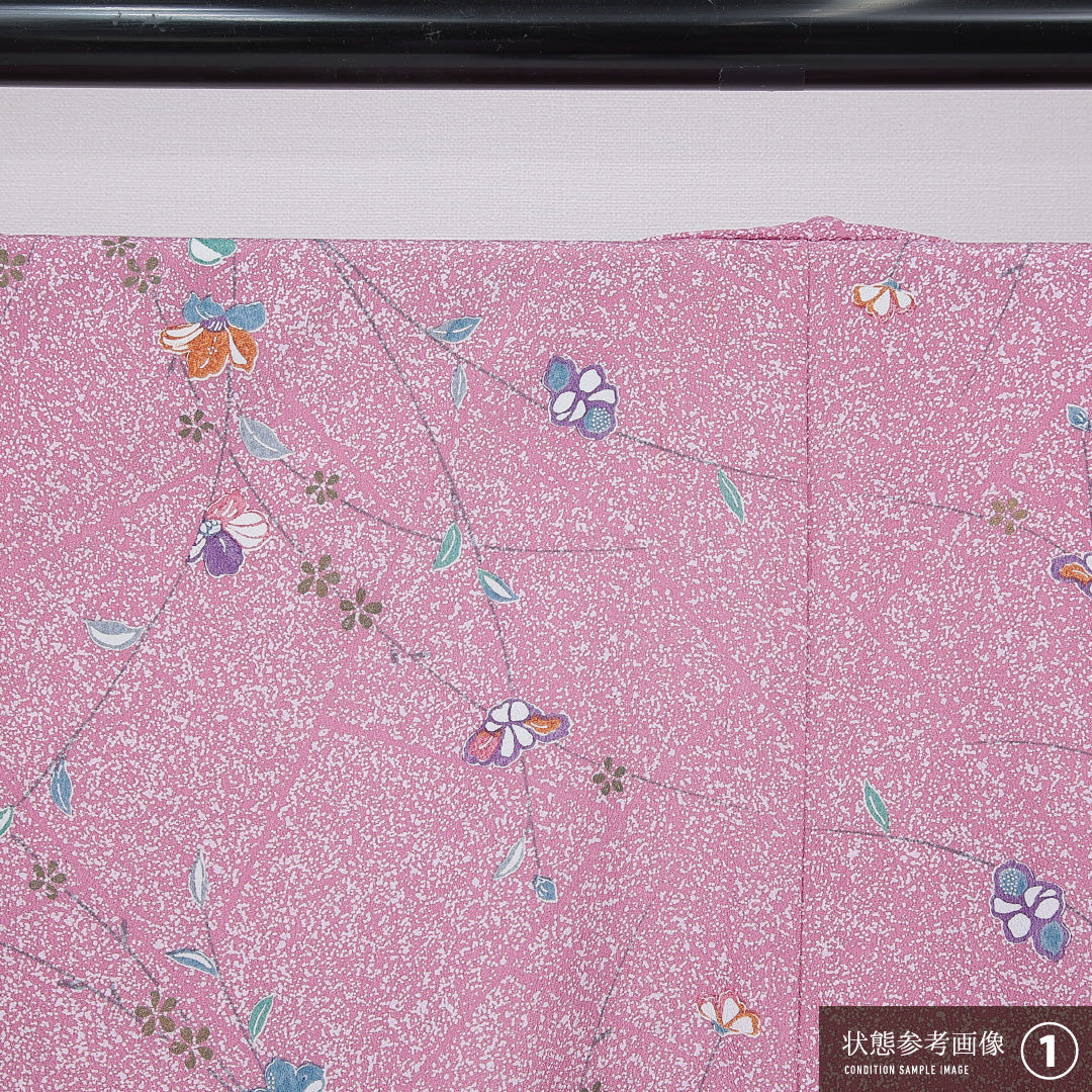 小紋 洗える着物 袷 身丈163cm 裄丈66cm ポリエステル Aランク Lサイズ 広衿 インフォーマル 桜 ピンク系 1215-15795