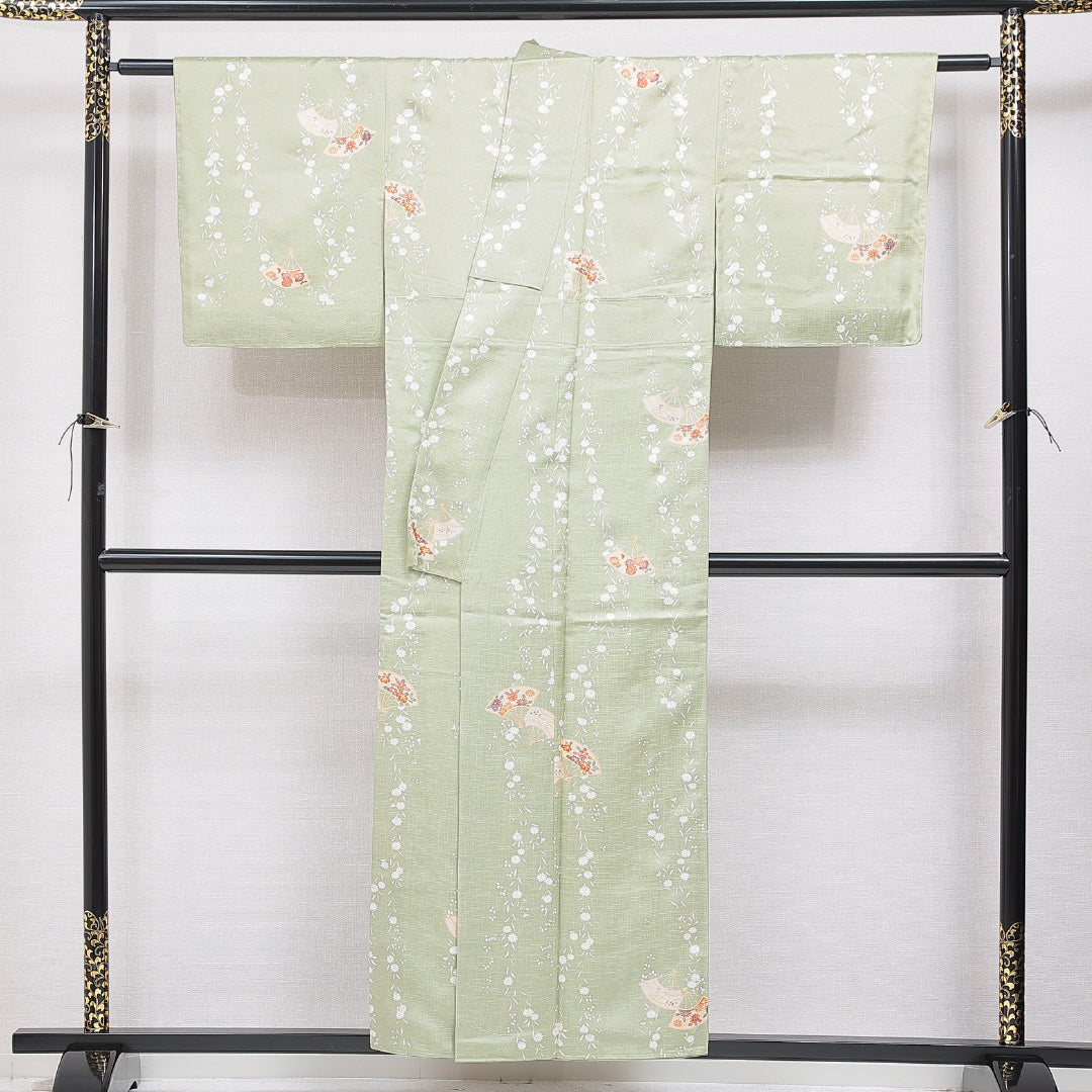 小紋 袷 身丈152cm 裄丈61cm 正絹 Sランク Sサイズ 広衿 インフォーマル ちりめん 山 証紙 緑系 1215-15907