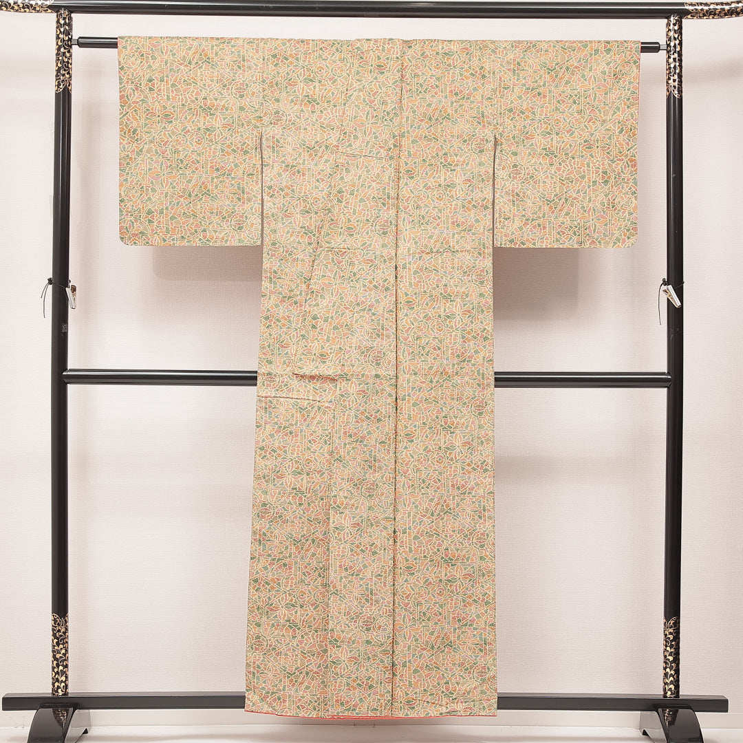 洗える着物 小紋 袷 身丈155cm 裄丈64cm ポリエステル Sランク インフォーマル 広衿 Mサイズ 創作柄 黄系 RP 1221-16902