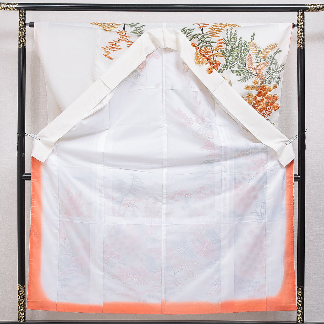 訪問着 洗える着物 袷 身丈158cm 裄丈63cm ポリエステル Cランク Mサイズ 広衿 セミフォーマル 風景柄 白系 1212-16256