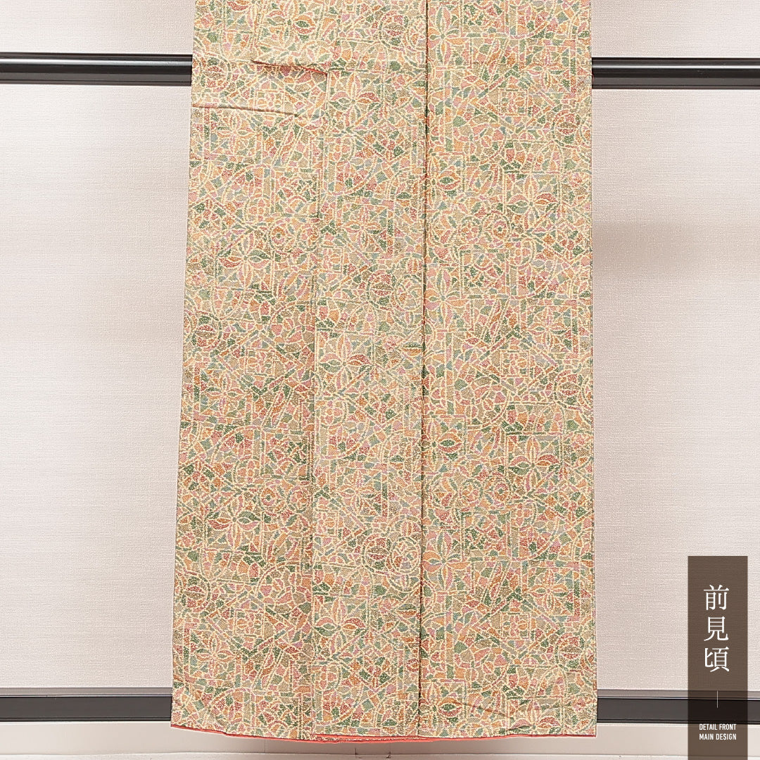 洗える着物 小紋 袷 身丈155cm 裄丈64cm ポリエステル Sランク インフォーマル 広衿 Mサイズ 創作柄 黄系 RP 1221-16902