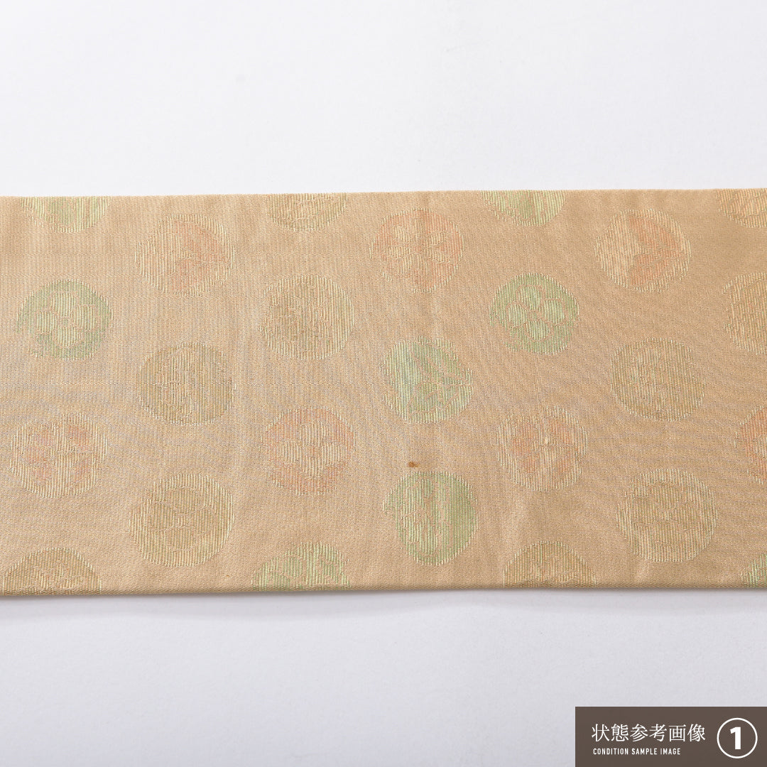 九寸名古屋帯 Bランク 帯丈356cm 正絹 六通 名古屋仕立て 織り インフォーマル 丸文 くすんだベージュ系 RP 1245-03942