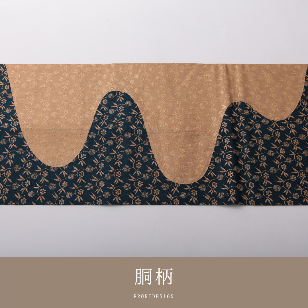 九寸名古屋帯 帯丈432cm カジュアル 開き仕立て 六通 Aランク 正絹 植物柄 紺系 1224-03516